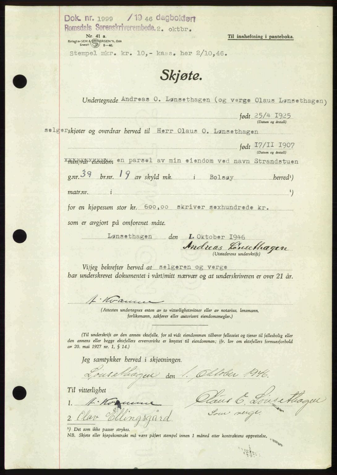 Romsdal sorenskriveri, AV/SAT-A-4149/1/2/2C: Mortgage book no. A21, 1946-1946, Diary no: : 1999/1946