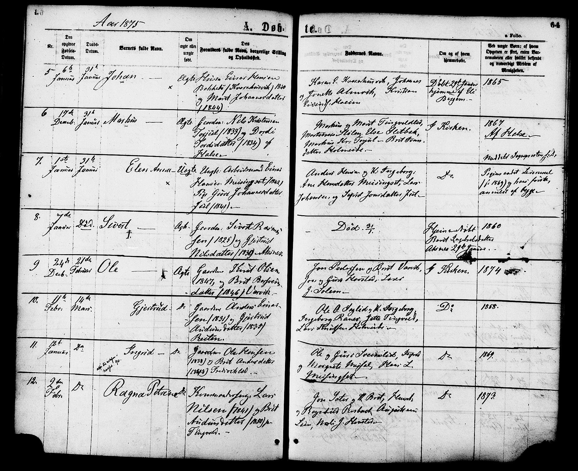 Ministerialprotokoller, klokkerbøker og fødselsregistre - Møre og Romsdal, AV/SAT-A-1454/586/L0986: Parish register (official) no. 586A12, 1867-1878, p. 64