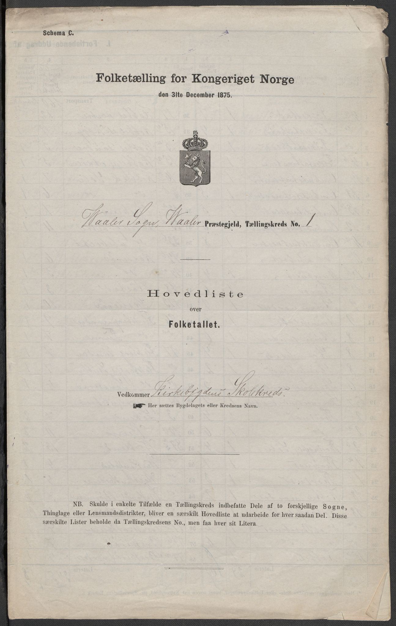 RA, 1875 census for 0137P Våler, 1875, p. 1