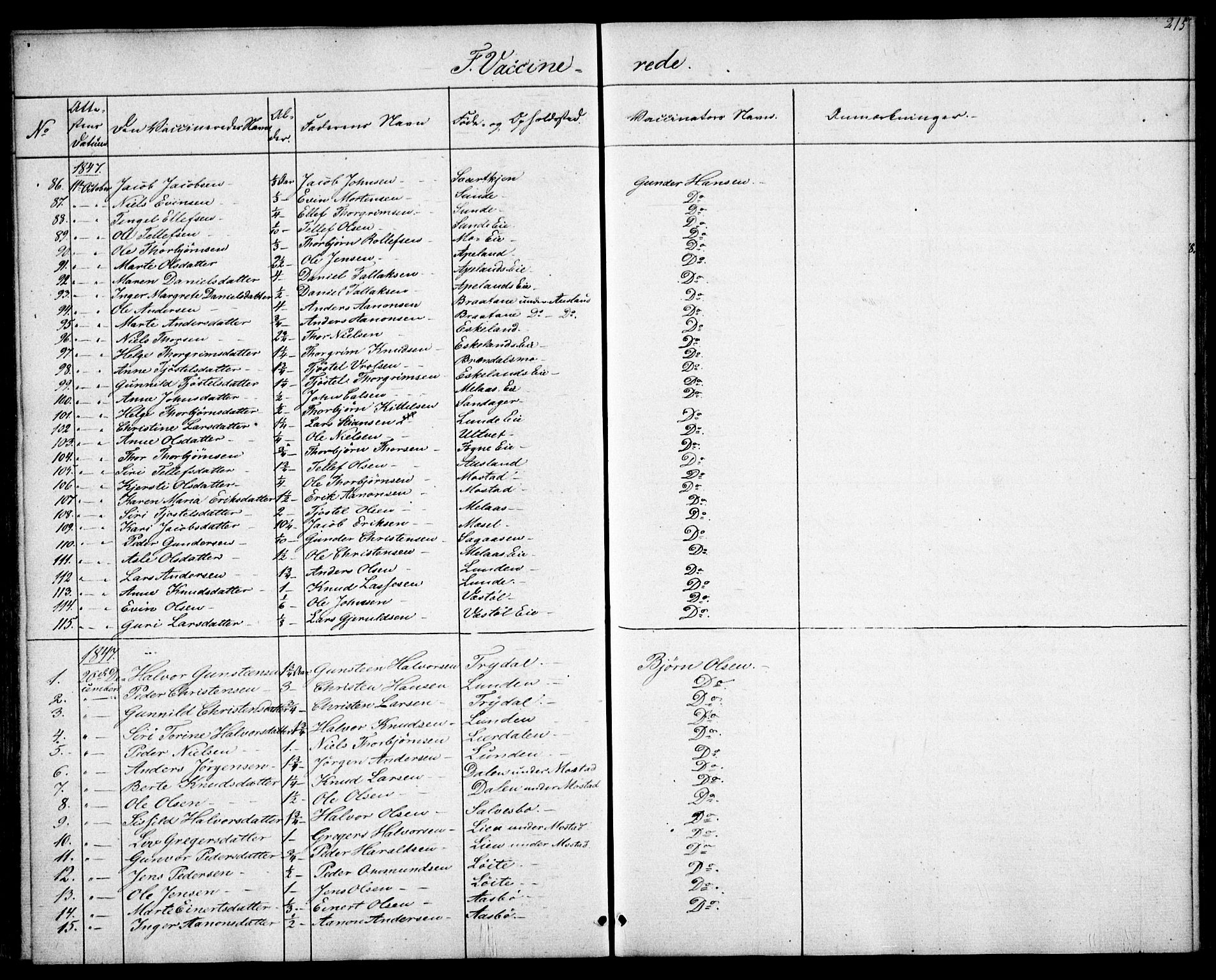 Gjerstad sokneprestkontor, SAK/1111-0014/F/Fa/Faa/L0006: Parish register (official) no. A 6, 1841-1857, p. 215
