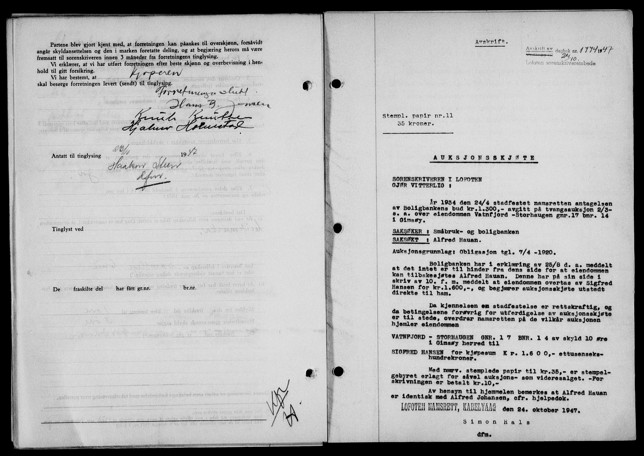 Lofoten sorenskriveri, SAT/A-0017/1/2/2C/L0017a: Mortgage book no. 17a, 1947-1948, Diary no: : 1774/1947