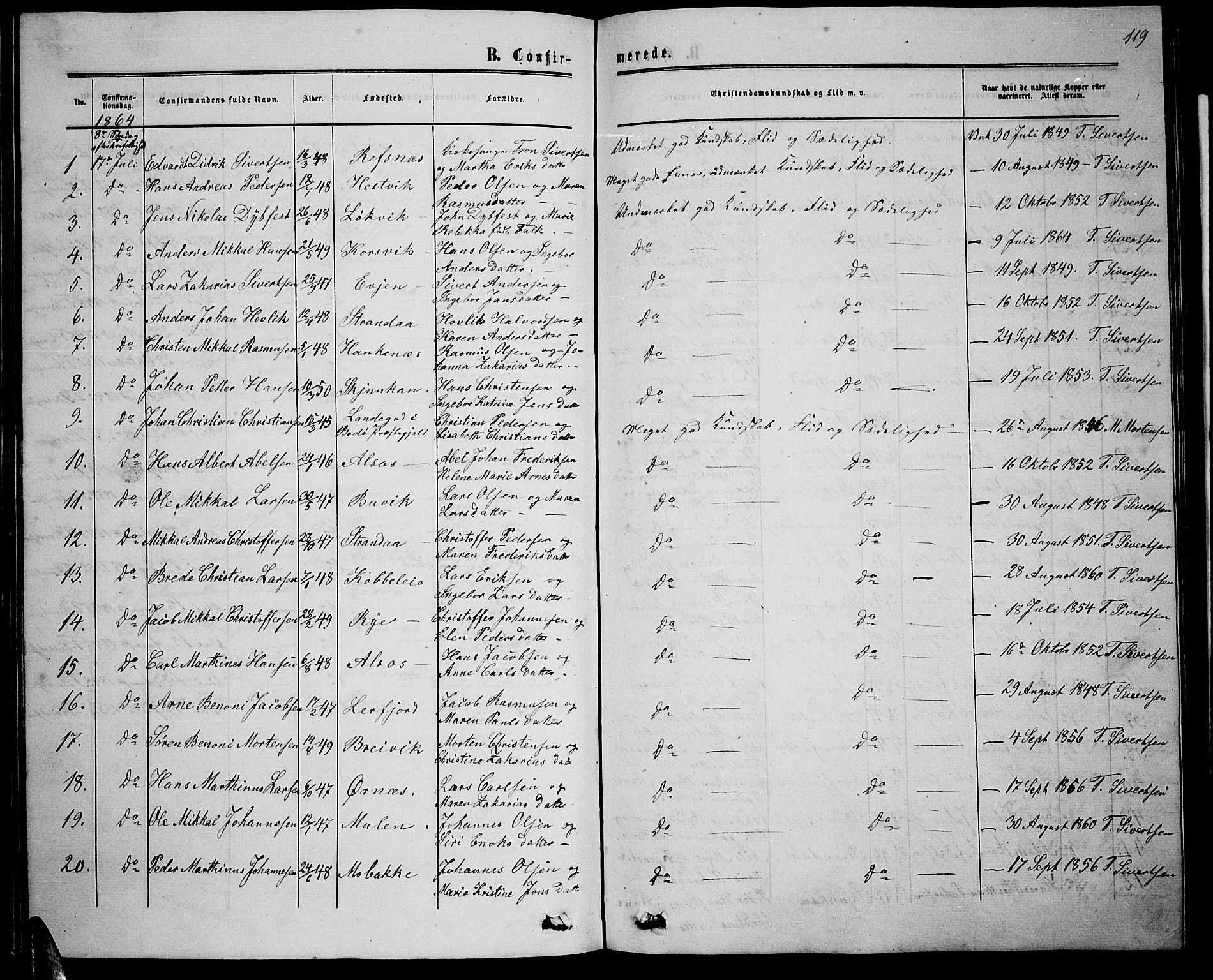 Ministerialprotokoller, klokkerbøker og fødselsregistre - Nordland, AV/SAT-A-1459/853/L0775: Parish register (copy) no. 853C03, 1859-1877, p. 119