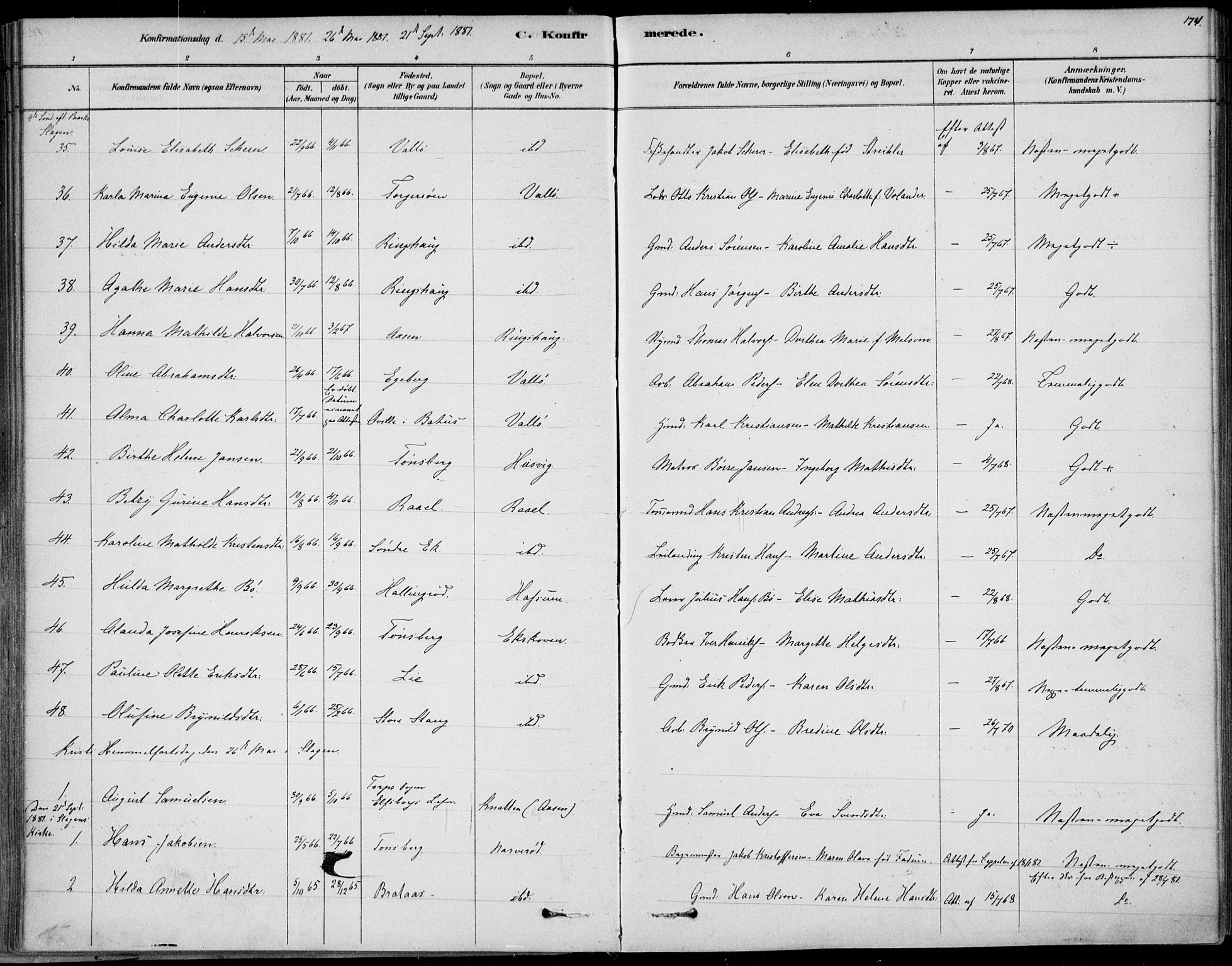 Sem kirkebøker, AV/SAKO-A-5/F/Fb/L0004: Parish register (official) no. II 4, 1878-1891, p. 174