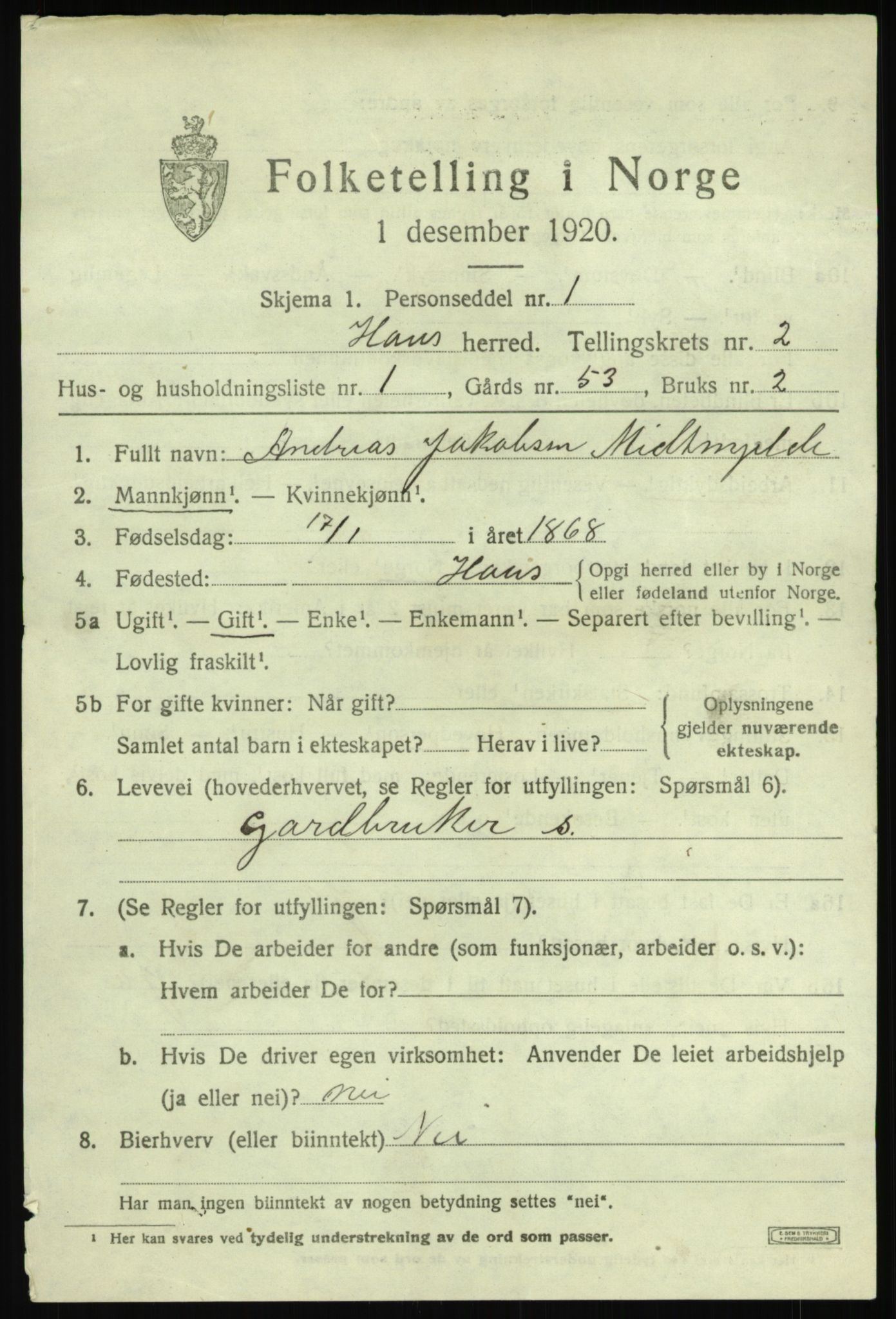 SAB, 1920 census for Haus, 1920, p. 2039