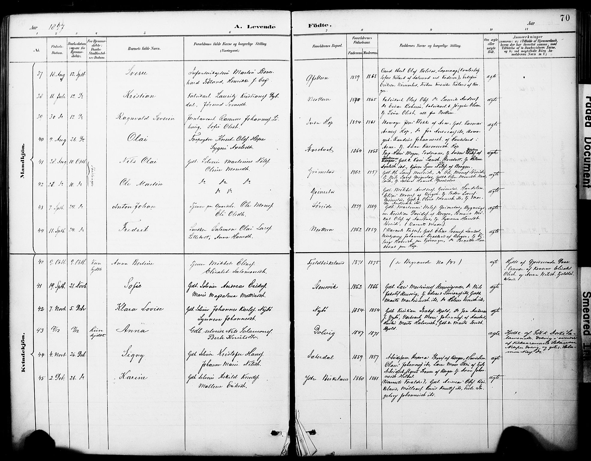 Fana Sokneprestembete, AV/SAB-A-75101/H/Haa/Haai/L0002: Parish register (official) no. I 2, 1888-1899, p. 70