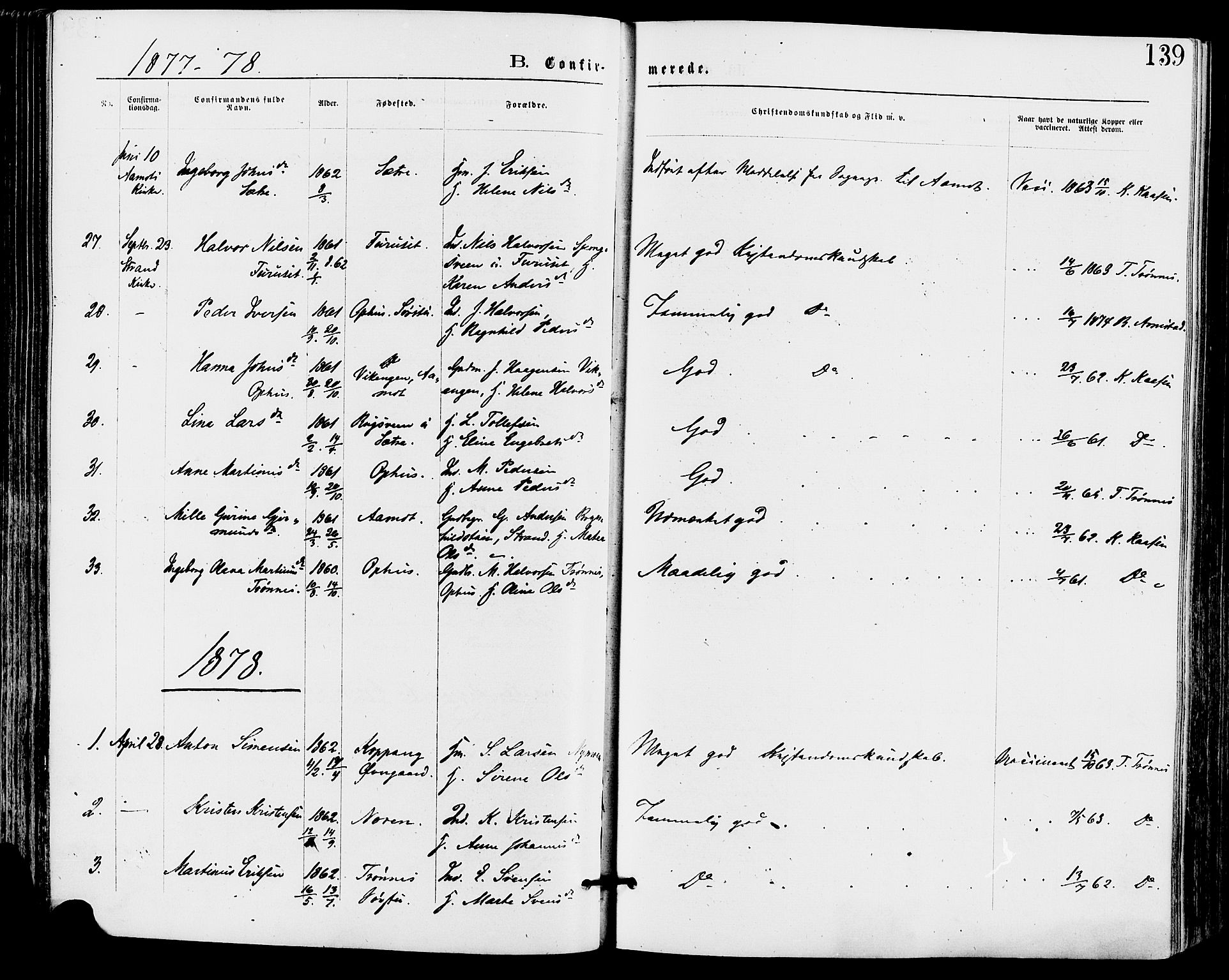 Stor-Elvdal prestekontor, SAH/PREST-052/H/Ha/Haa/L0001: Parish register (official) no. 1, 1871-1882, p. 139