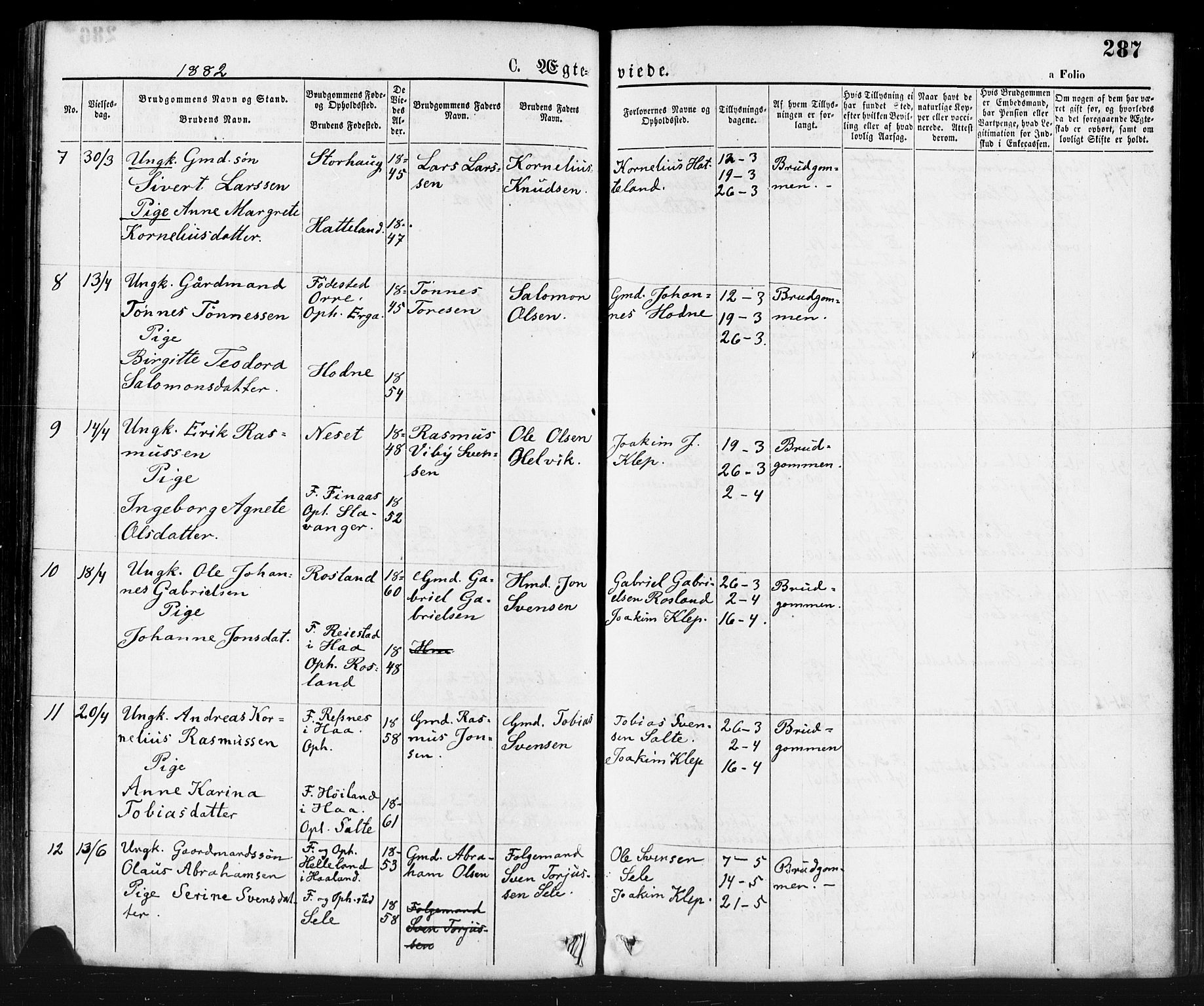 Klepp sokneprestkontor, AV/SAST-A-101803/001/3/30BA/L0006: Parish register (official) no. A 6, 1871-1885, p. 287