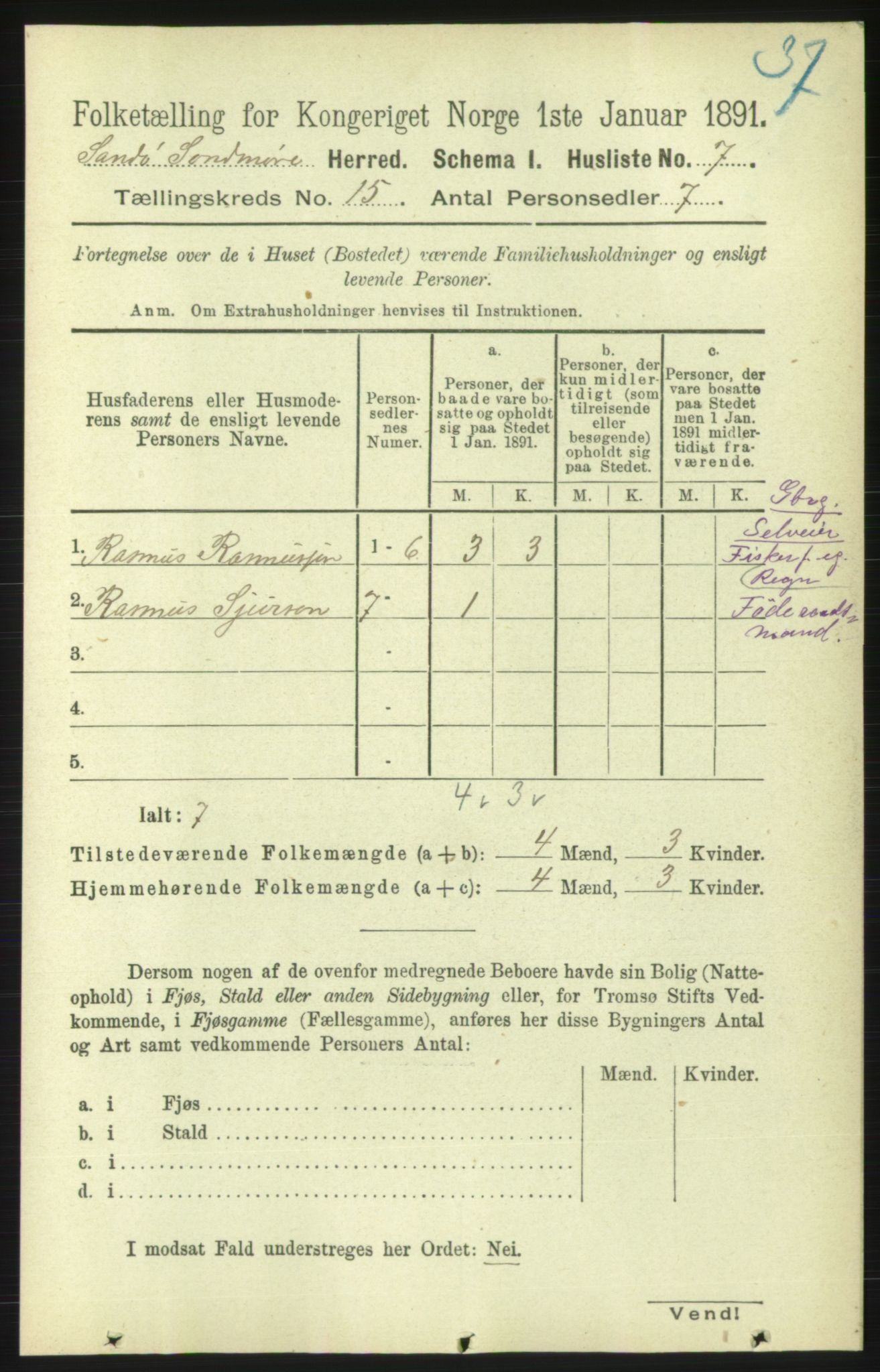 RA, 1891 census for 1514 Sande, 1891, p. 2997