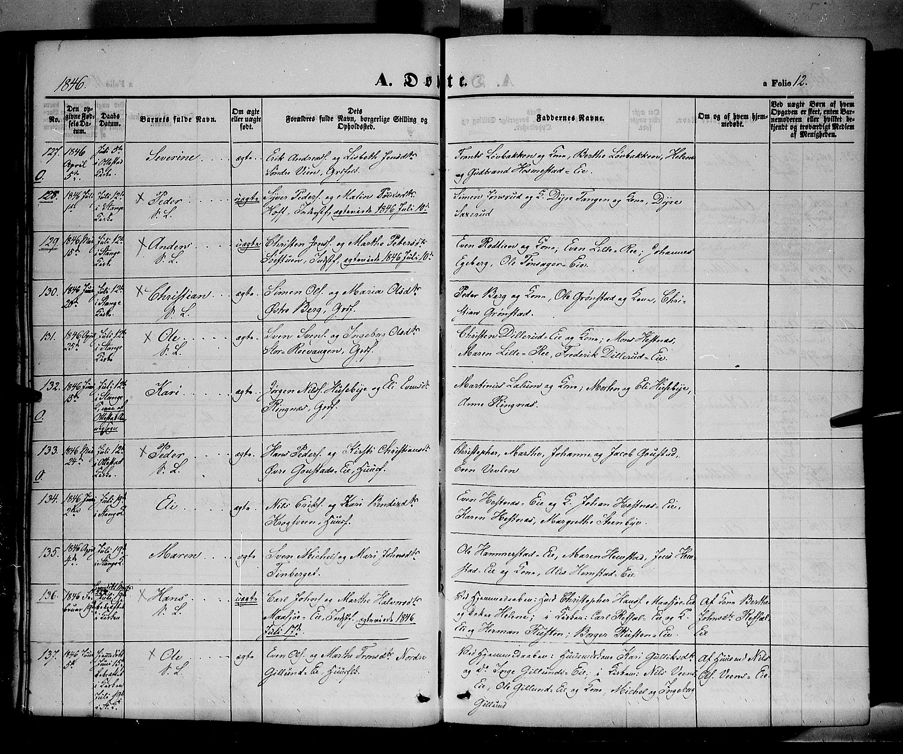 Stange prestekontor, SAH/PREST-002/K/L0011: Parish register (official) no. 11, 1846-1852, p. 12