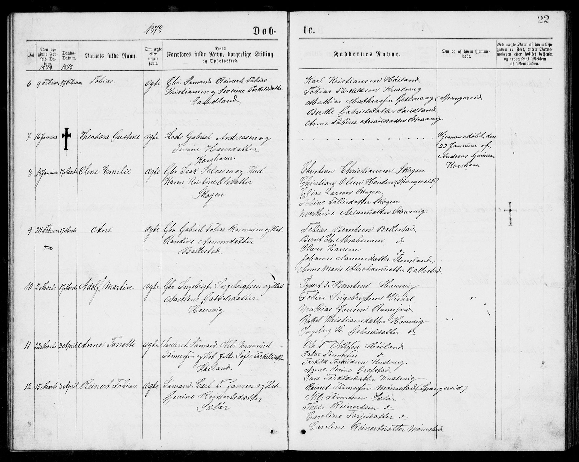 Lyngdal sokneprestkontor, AV/SAK-1111-0029/F/Fb/Fba/L0002: Parish register (copy) no. B 2, 1876-1886, p. 22