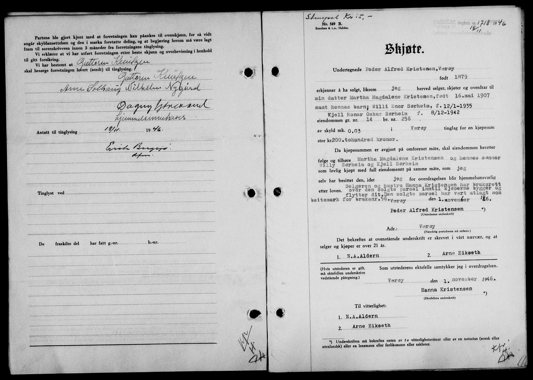 Lofoten sorenskriveri, SAT/A-0017/1/2/2C/L0015a: Mortgage book no. 15a, 1946-1947, Diary no: : 1718/1946
