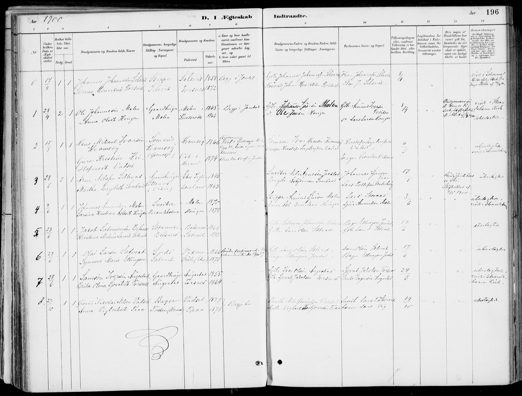 Strandebarm sokneprestembete, SAB/A-78401/H/Haa: Parish register (official) no. E  1, 1886-1908, p. 196