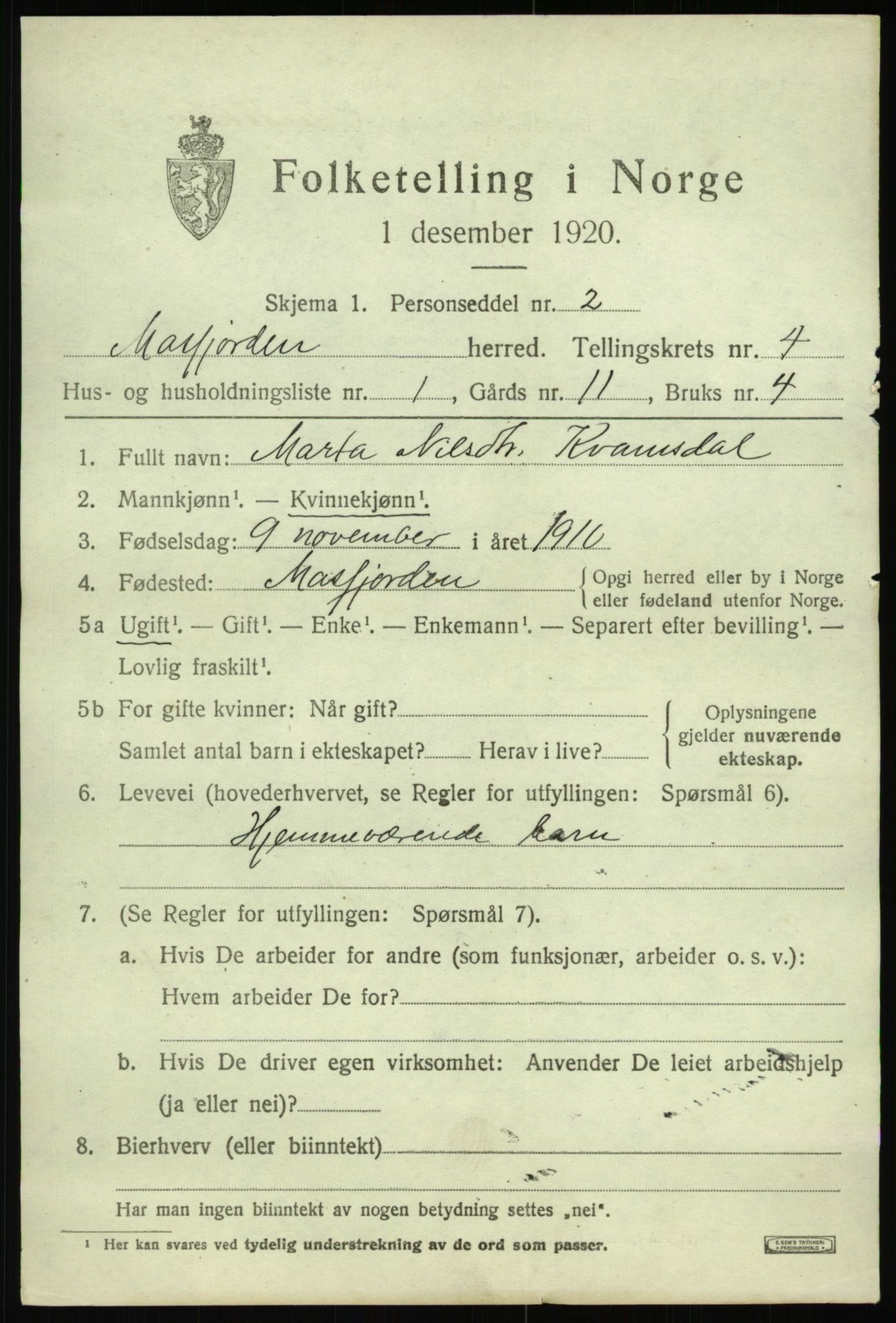 SAB, 1920 census for Masfjorden, 1920, p. 1675