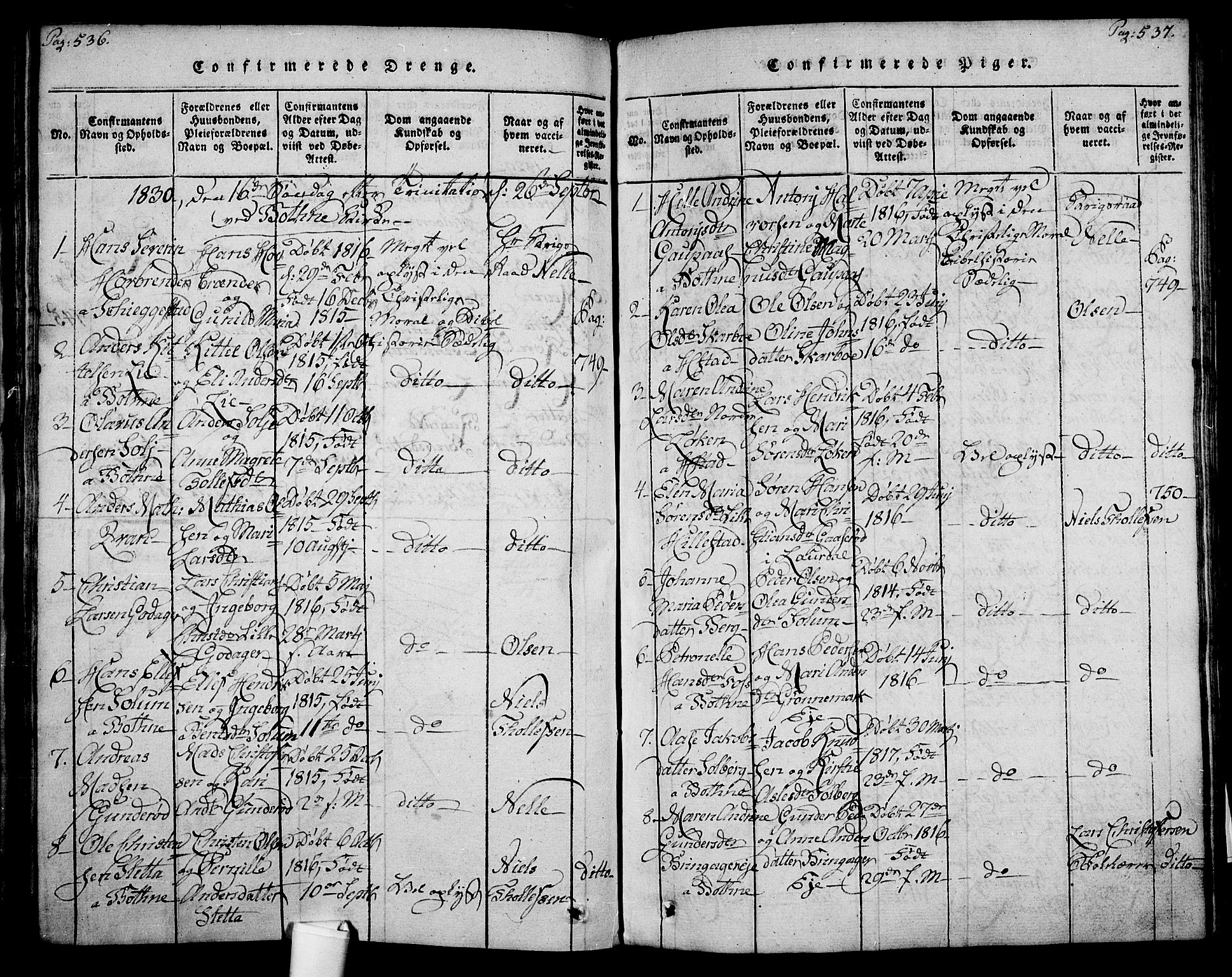 Botne kirkebøker, AV/SAKO-A-340/F/Fa/L0005: Parish register (official) no. I 5, 1814-1836, p. 536-537