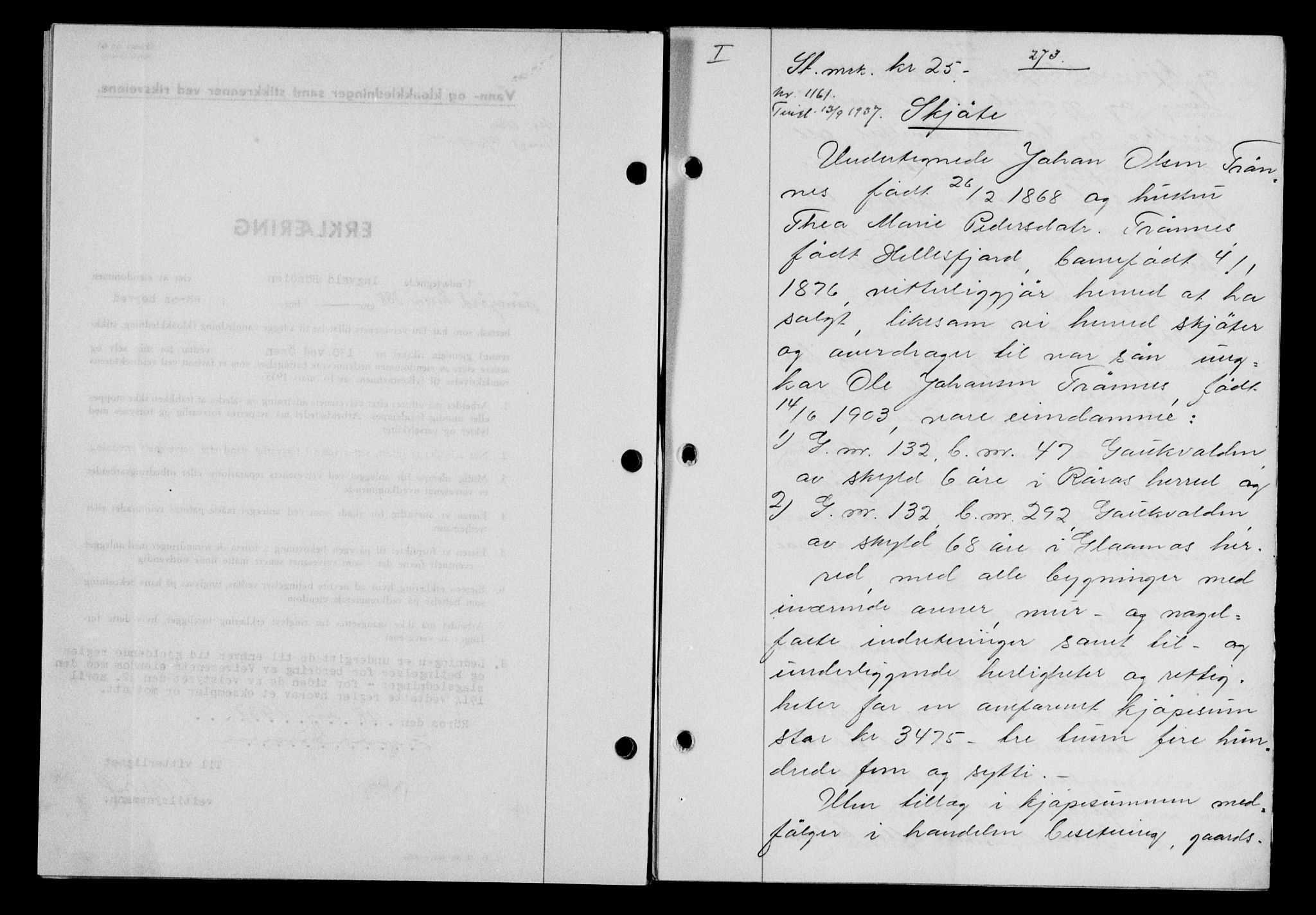 Gauldal sorenskriveri, SAT/A-0014/1/2/2C/L0047: Mortgage book no. 50-51, 1937-1937, Diary no: : 1161/1937