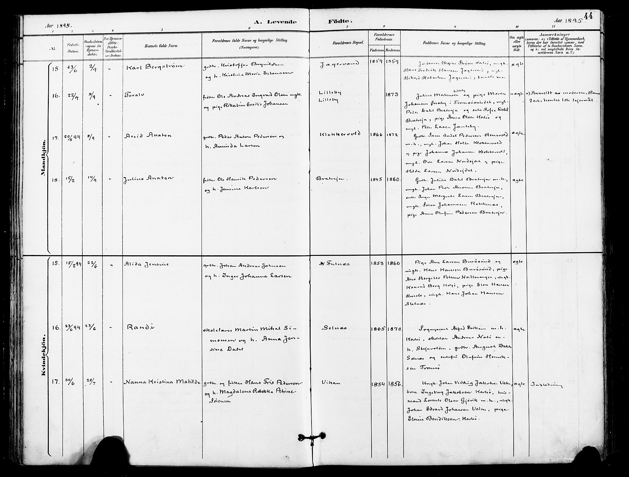 Karlsøy sokneprestembete, AV/SATØ-S-1299/H/Ha/Haa/L0007kirke: Parish register (official) no. 7, 1891-1902, p. 44