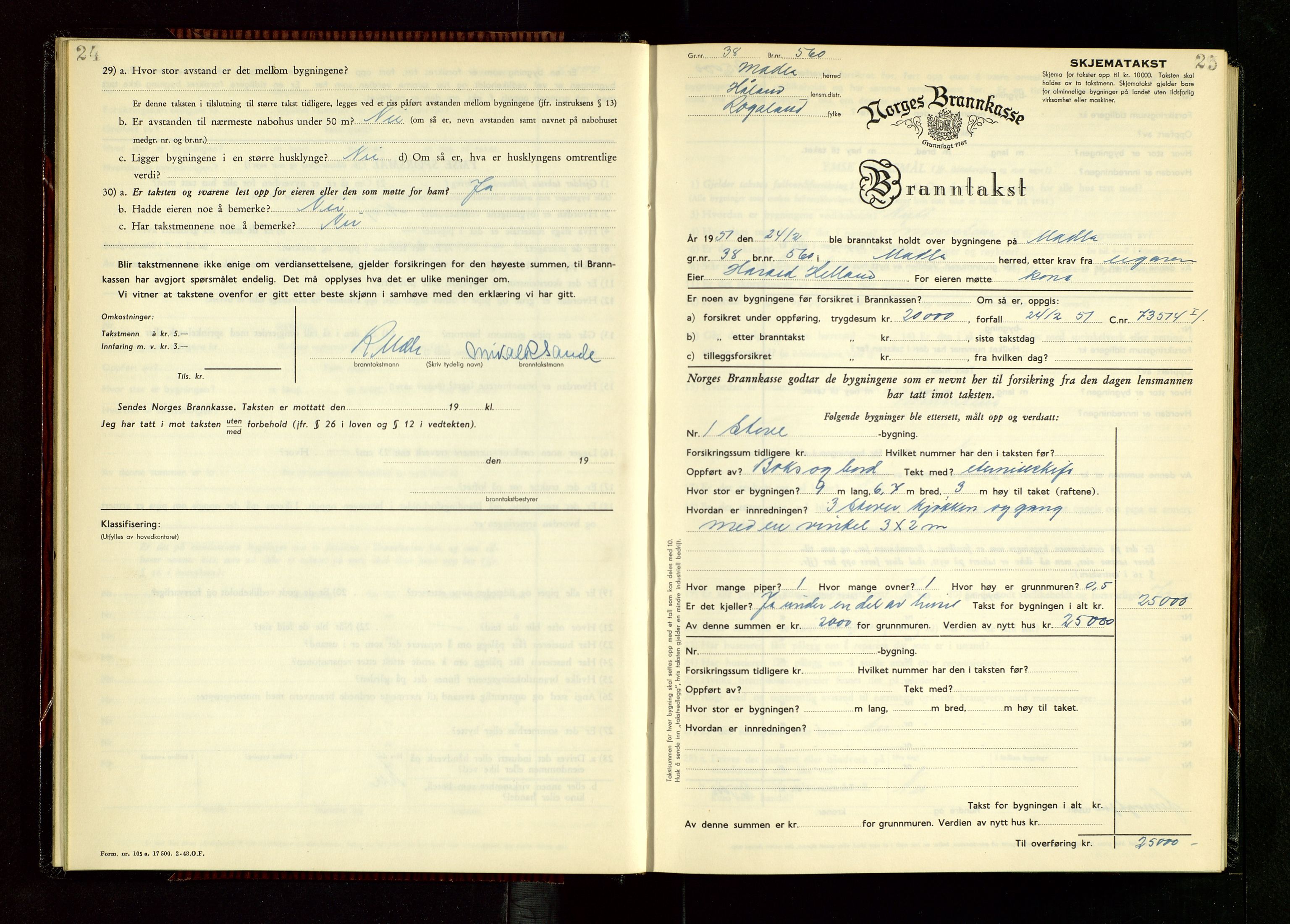 Håland lensmannskontor, AV/SAST-A-100100/Gob/L0014: "Branntakstprotokoll" - skjematakst, 1951-1955, p. 24-25