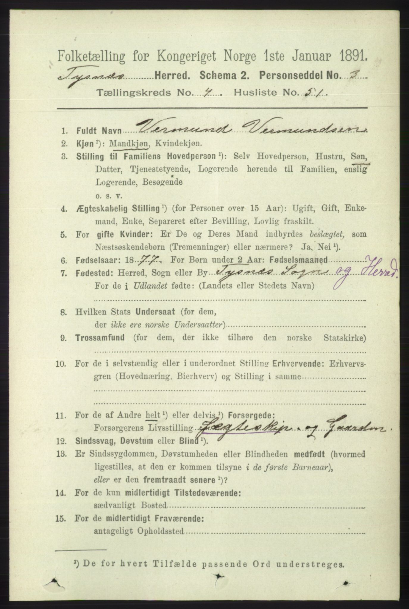 RA, 1891 census for 1223 Tysnes, 1891, p. 1829