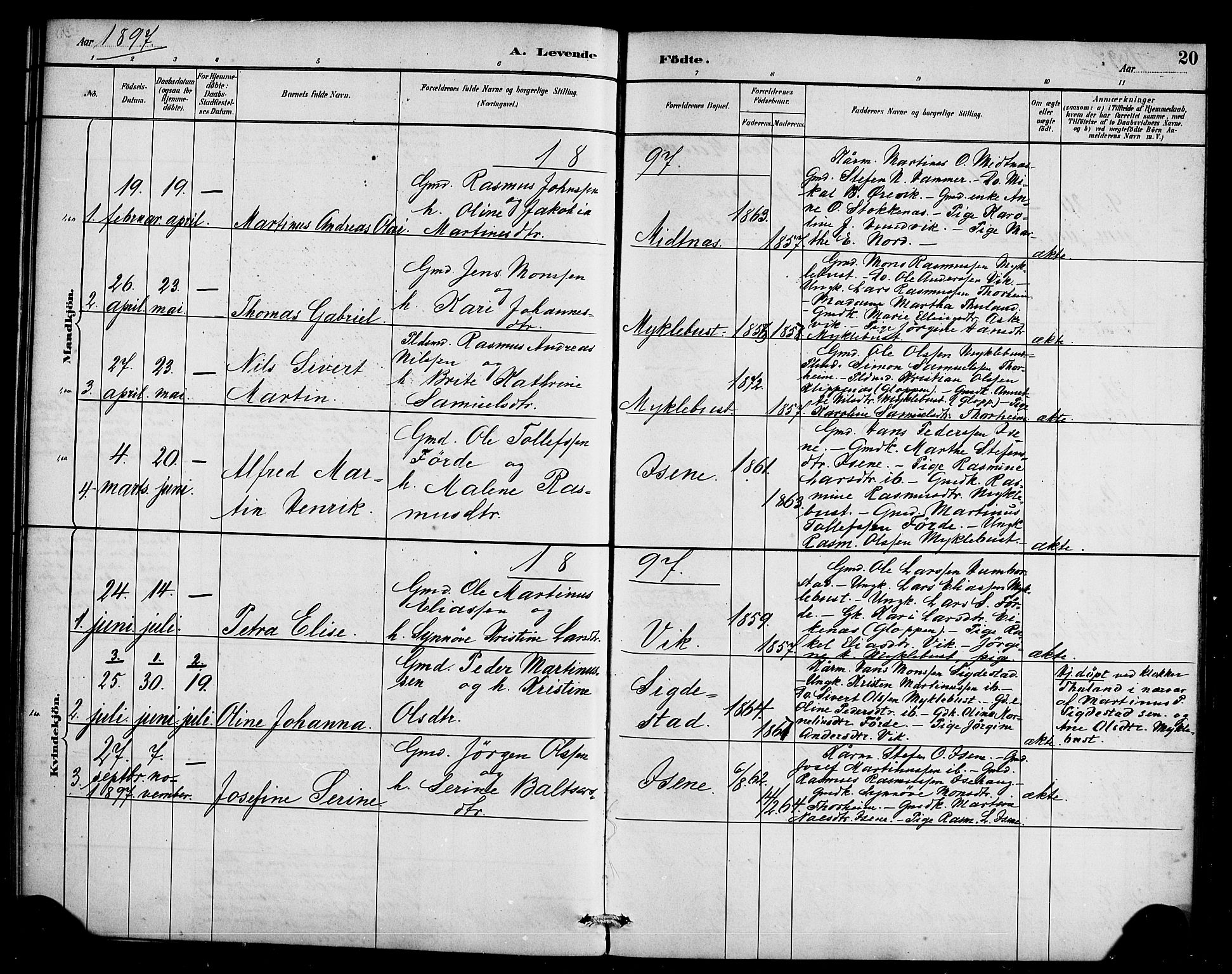 Davik sokneprestembete, SAB/A-79701/H/Haa/Haae/L0001: Parish register (official) no. E 1, 1882-1900, p. 20