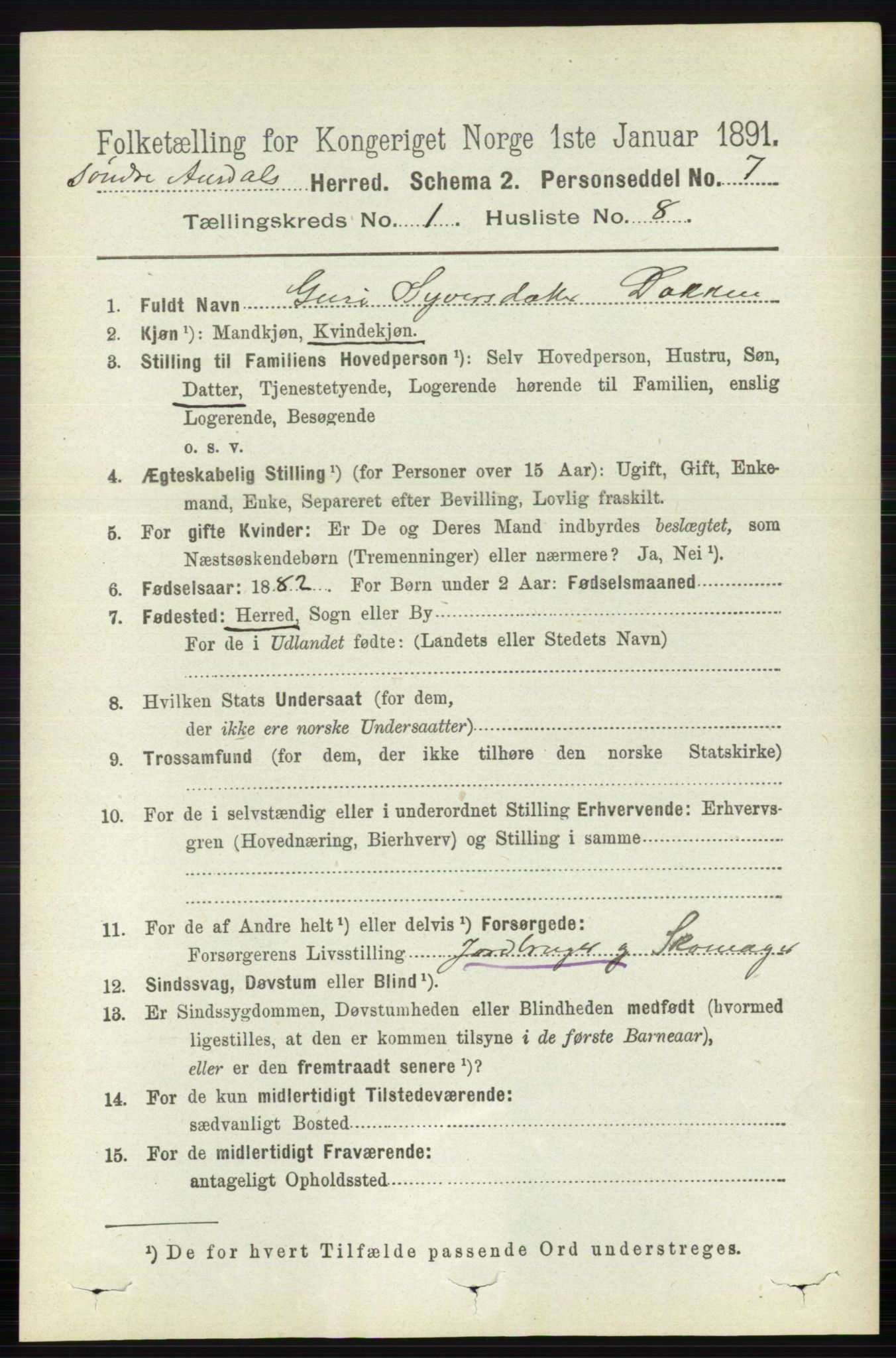 RA, 1891 census for 0540 Sør-Aurdal, 1891, p. 191