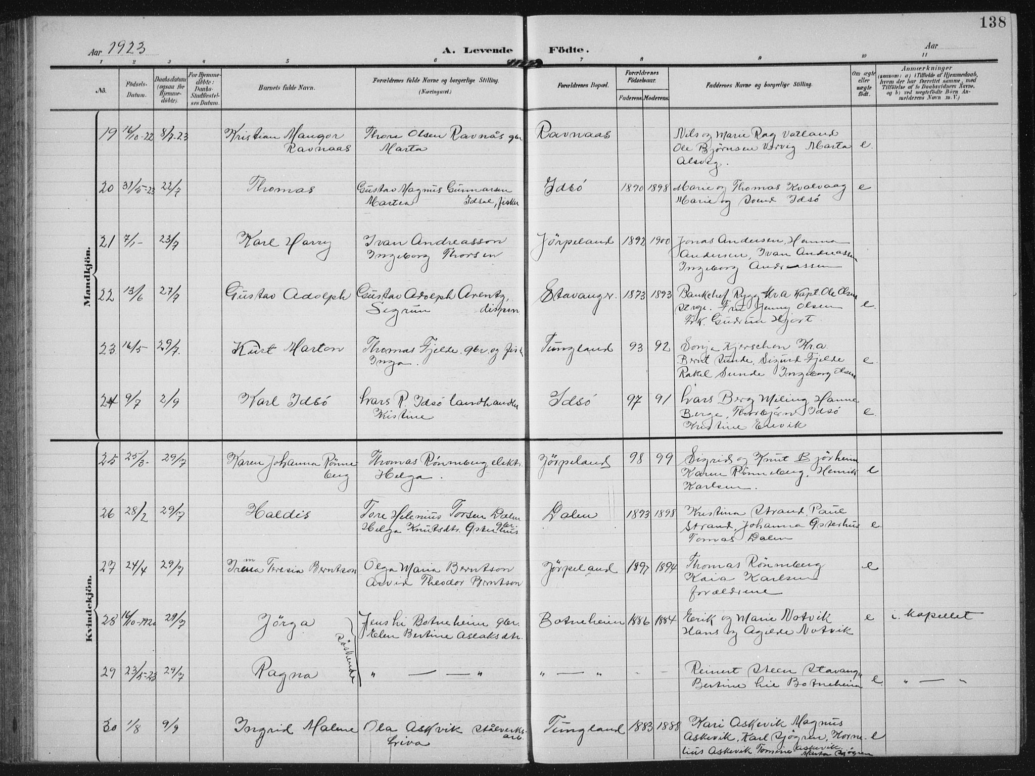 Strand sokneprestkontor, AV/SAST-A-101828/H/Ha/Hab/L0005: Parish register (copy) no. B 5, 1904-1934, p. 138