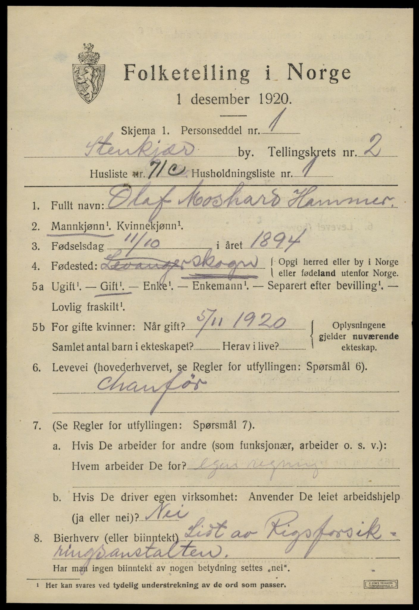 SAT, 1920 census for Steinkjer, 1920, p. 5722