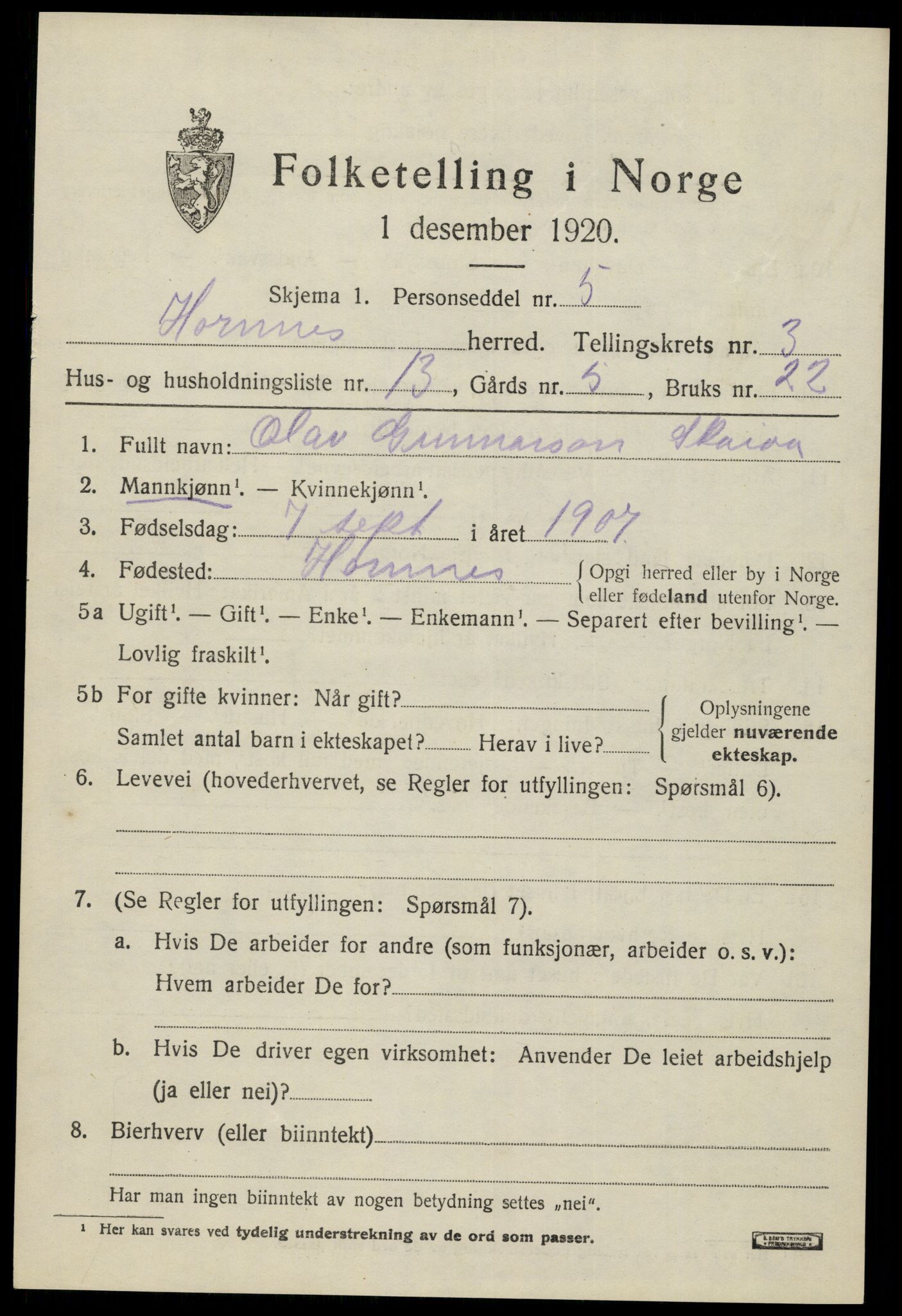 SAK, 1920 census for Hornnes, 1920, p. 951