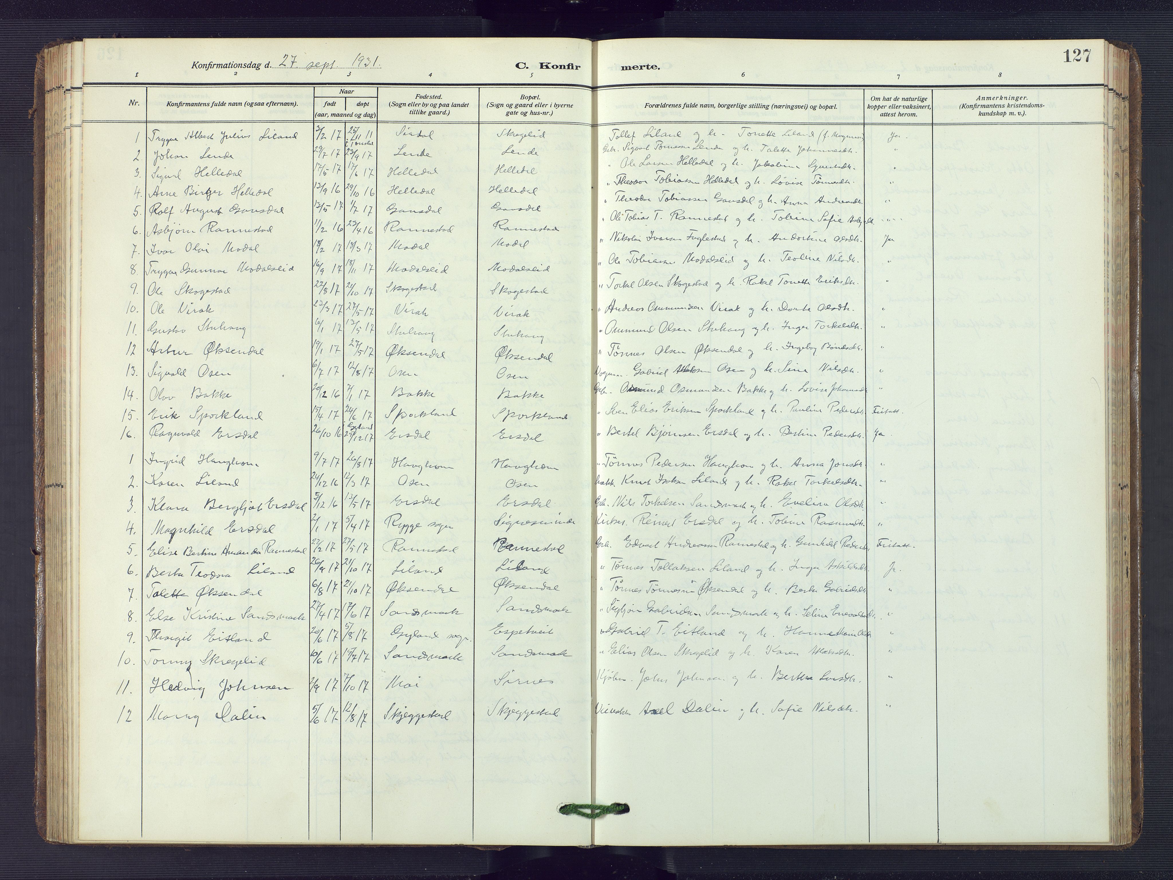 Bakke sokneprestkontor, SAK/1111-0002/F/Fb/Fba/L0004: Parish register (copy) no. B 4, 1911-1946, p. 127