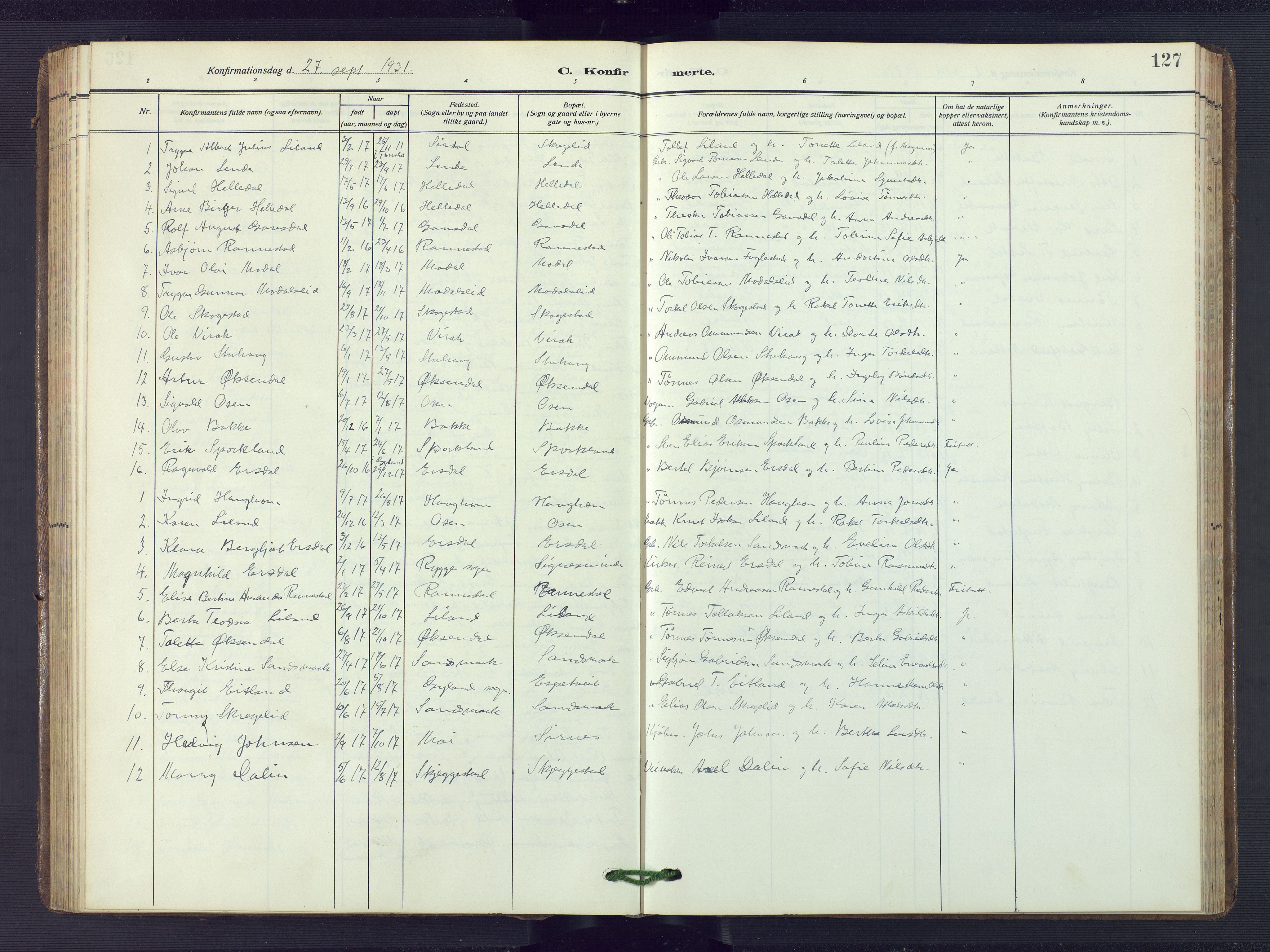 Bakke sokneprestkontor, AV/SAK-1111-0002/F/Fb/Fba/L0004: Parish register (copy) no. B 4, 1911-1946, p. 127