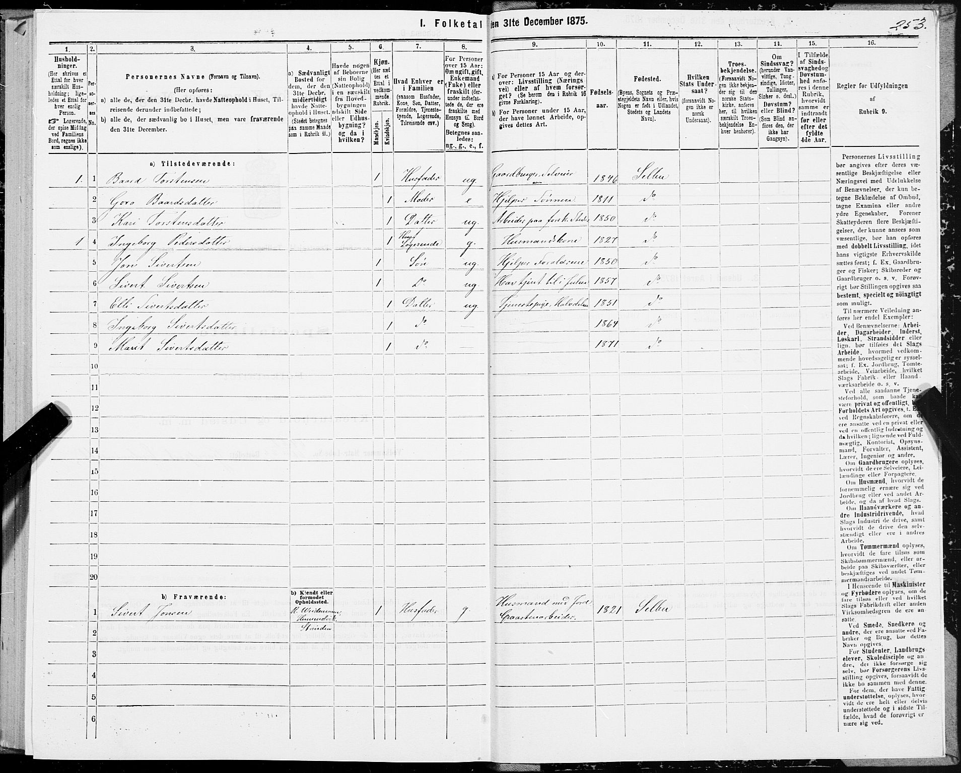 SAT, 1875 census for 1664P Selbu, 1875, p. 2253