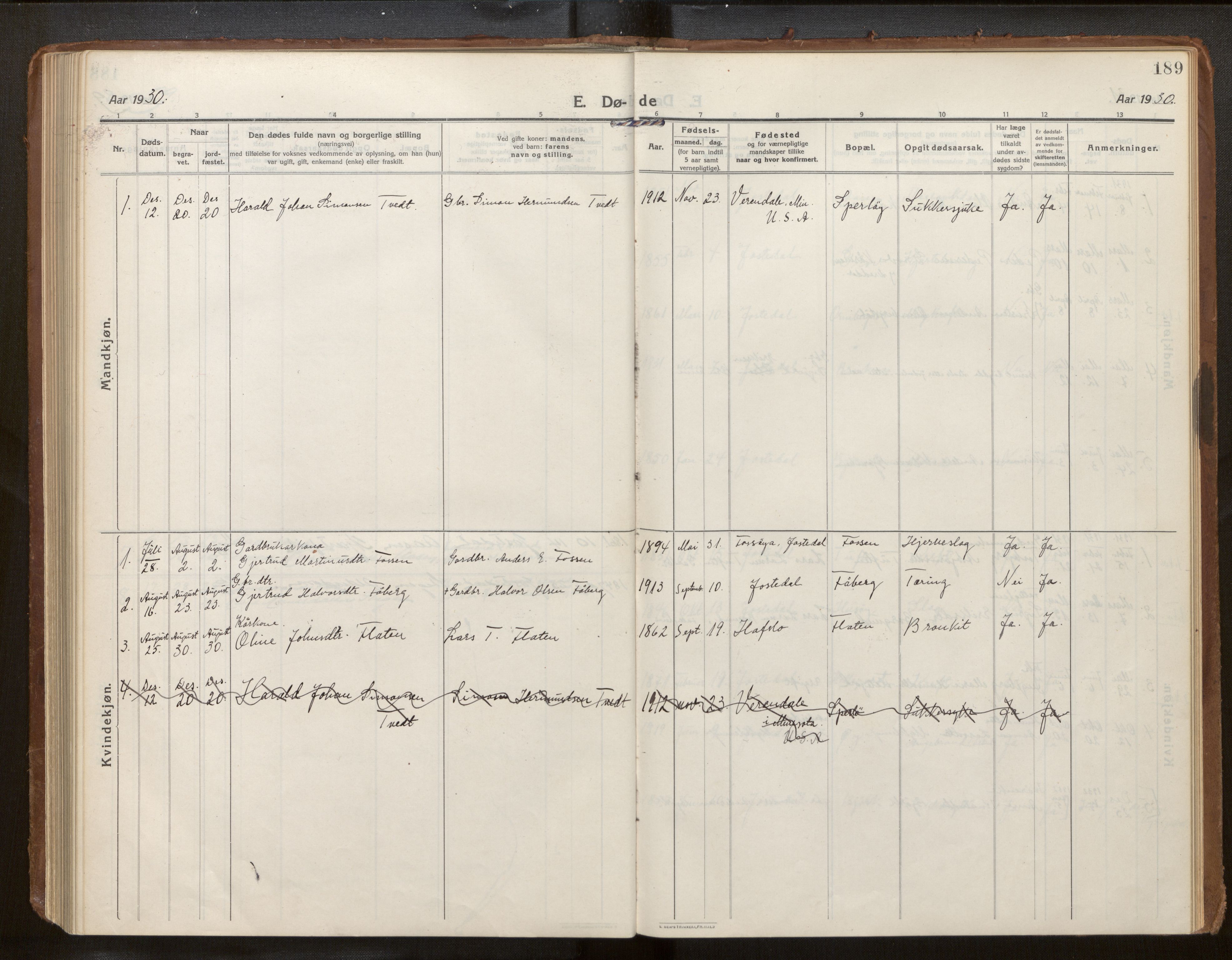 Jostedal sokneprestembete, AV/SAB-A-80601/H/Haa/Haab/L0002: Parish register (official) no. B 2, 1915-1931, p. 189