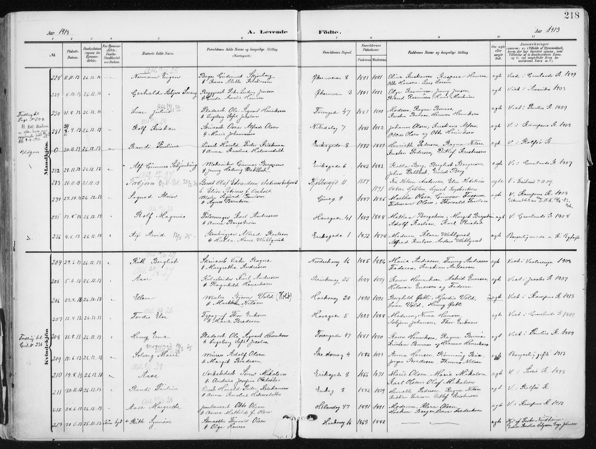 Kampen prestekontor Kirkebøker, AV/SAO-A-10853/F/Fa/L0010: Parish register (official) no. I 10, 1905-1917, p. 218