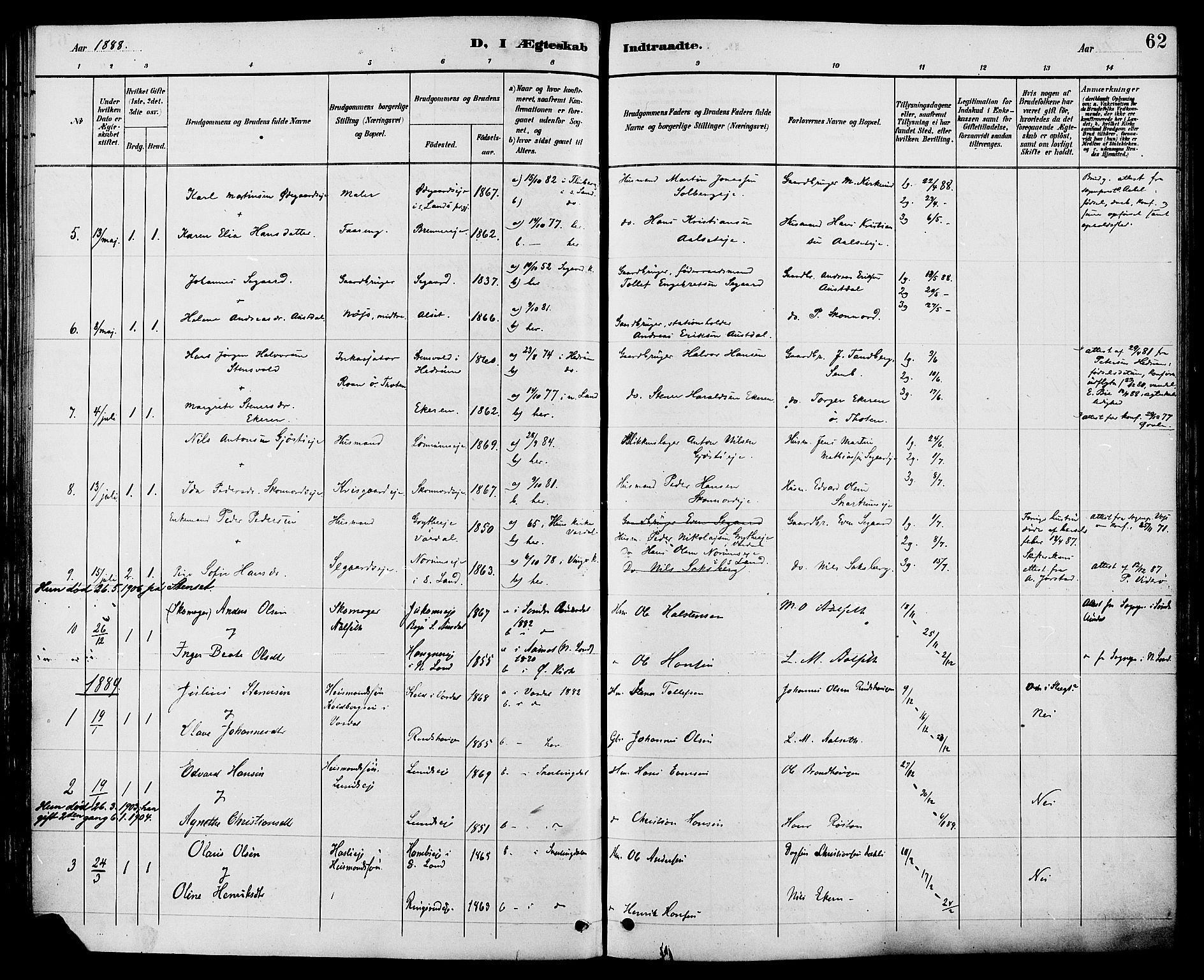 Biri prestekontor, SAH/PREST-096/H/Ha/Haa/L0007: Parish register (official) no. 7, 1887-1893, p. 62