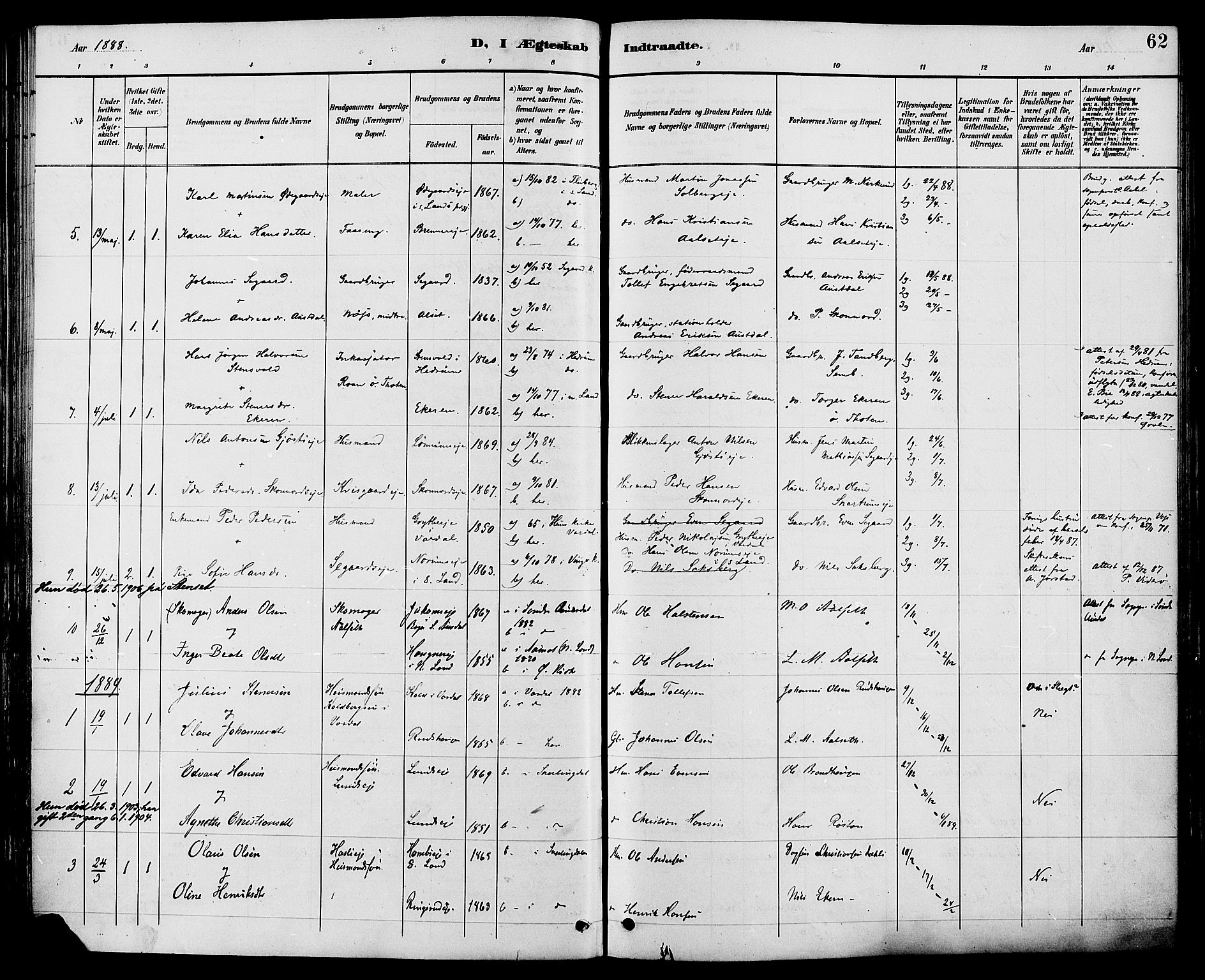 Biri prestekontor, AV/SAH-PREST-096/H/Ha/Haa/L0007: Parish register (official) no. 7, 1887-1893, p. 62