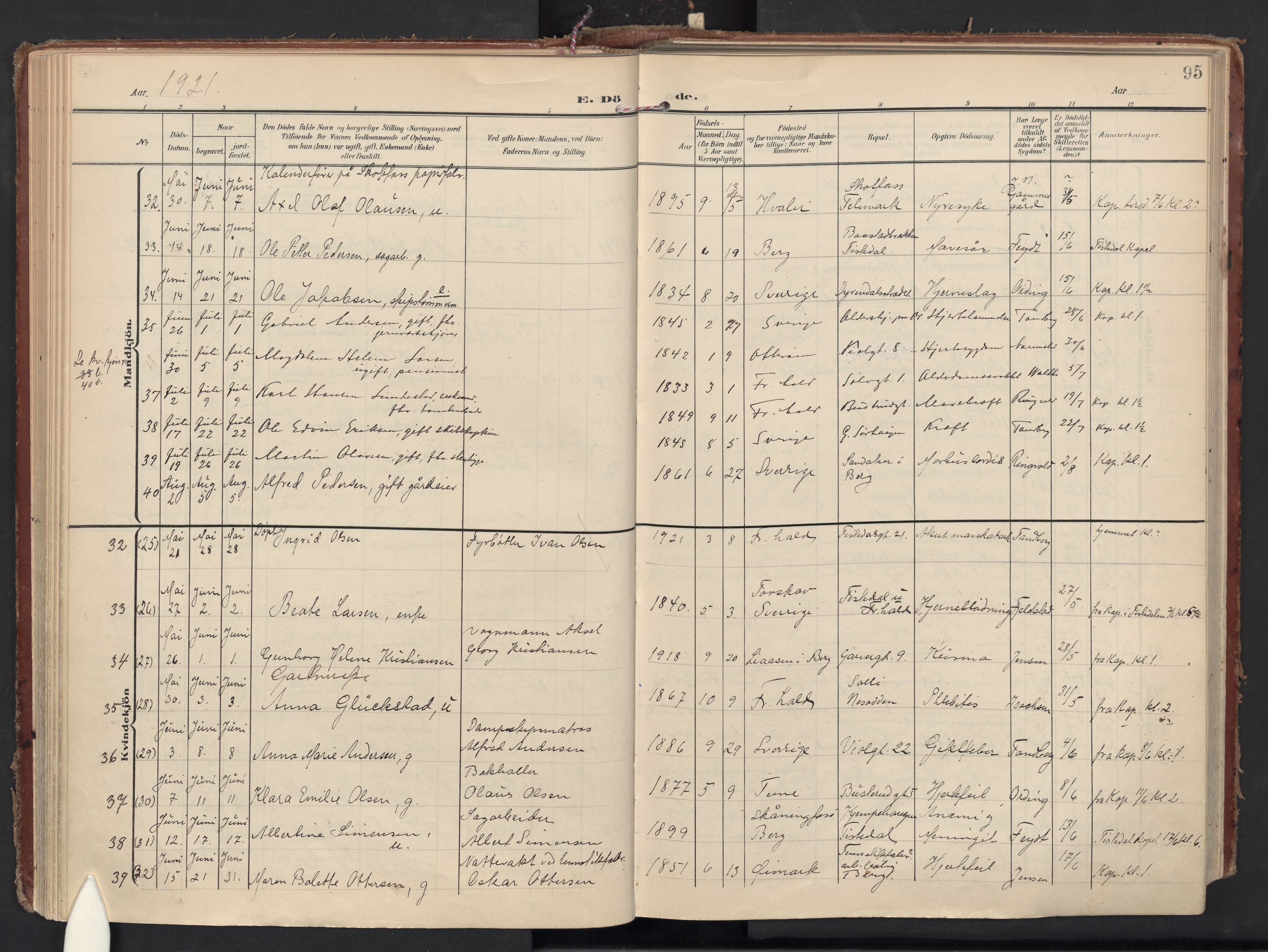 Halden prestekontor Kirkebøker, AV/SAO-A-10909/F/Fa/L0016: Parish register (official) no. I 16, 1907-1925, p. 95