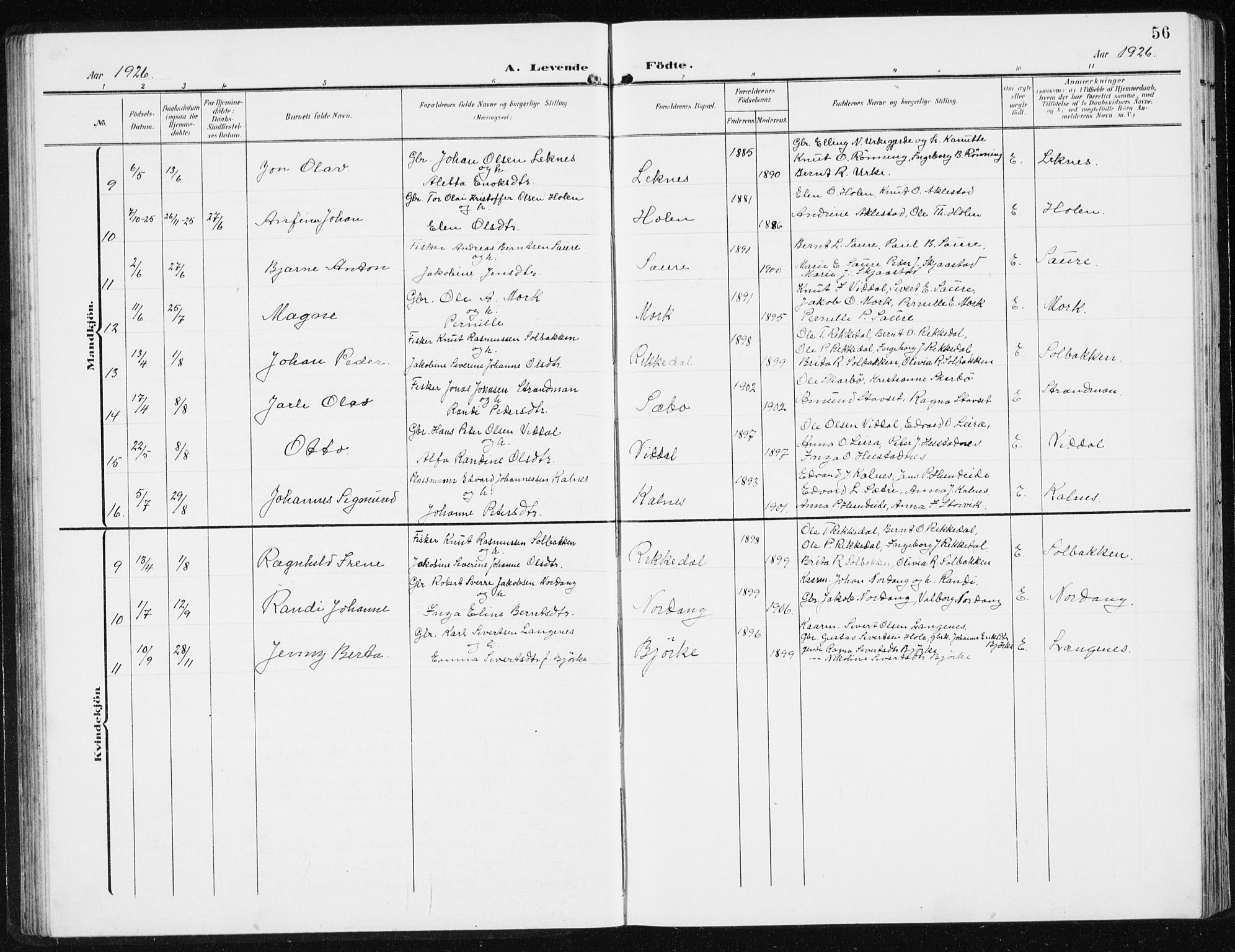 Ministerialprotokoller, klokkerbøker og fødselsregistre - Møre og Romsdal, SAT/A-1454/515/L0216: Parish register (copy) no. 515C03, 1906-1941, p. 56