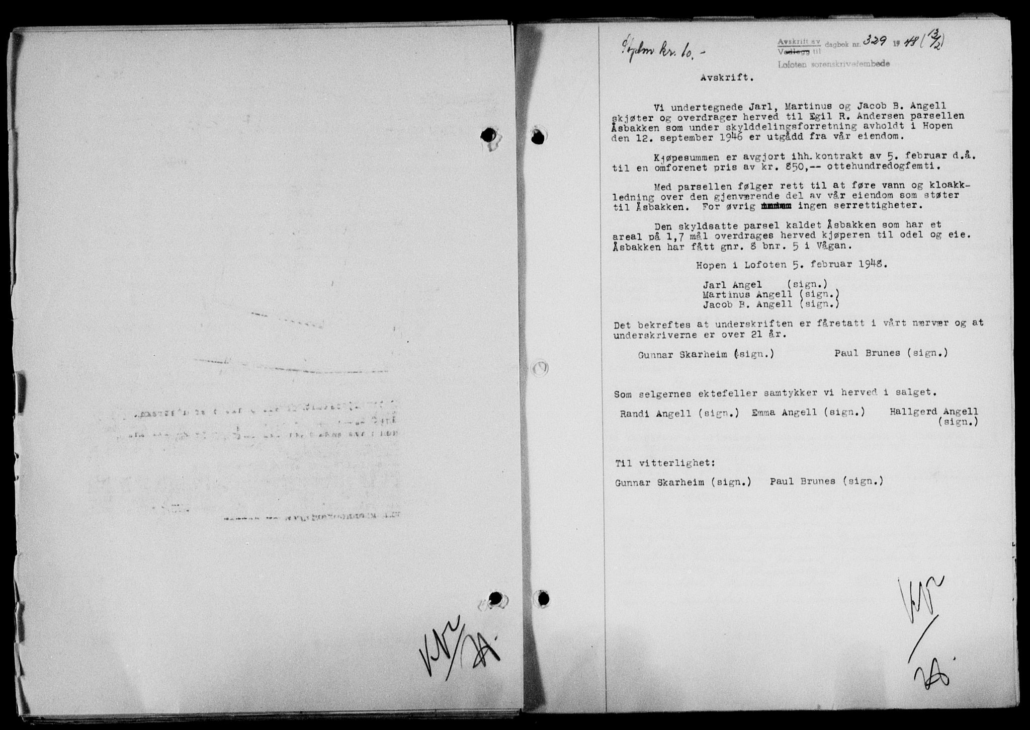 Lofoten sorenskriveri, SAT/A-0017/1/2/2C/L0017a: Mortgage book no. 17a, 1947-1948, Diary no: : 329/1948