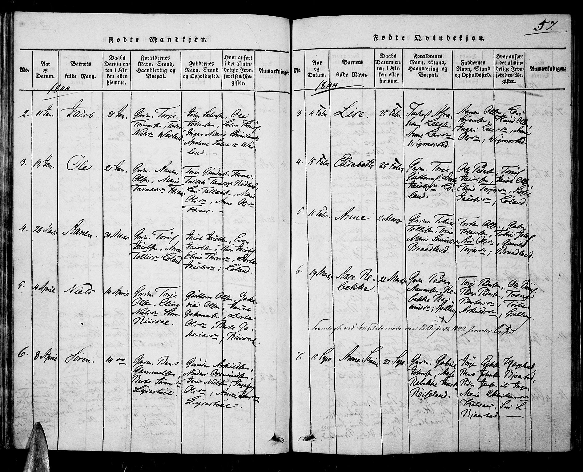 Nord-Audnedal sokneprestkontor, SAK/1111-0032/F/Fa/Fab/L0001: Parish register (official) no. A 1, 1816-1858, p. 57