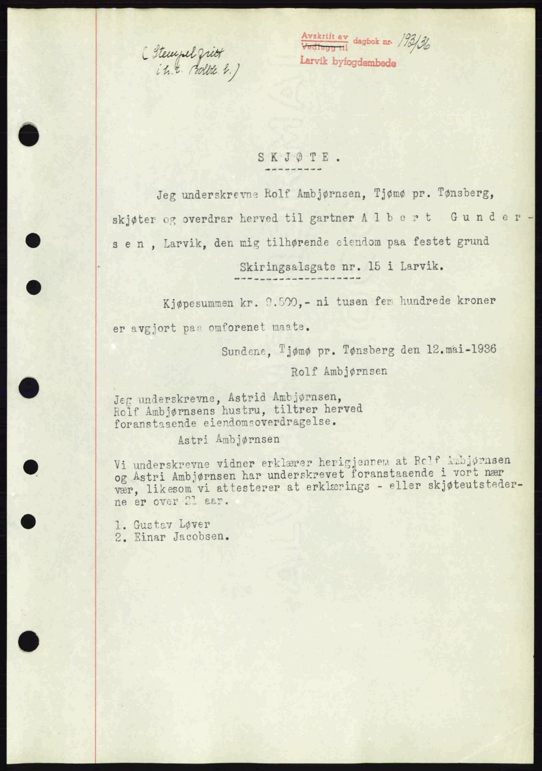 Larvik sorenskriveri, SAKO/A-83/G/Ga/Gab/L0067: Mortgage book no. A-1, 1936-1937, Diary no: : 193/1936