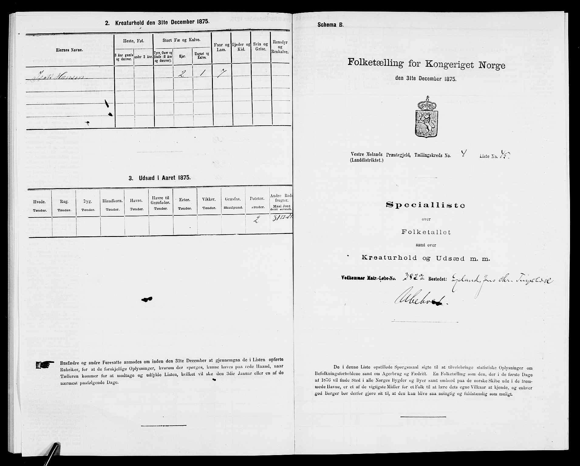 SAK, 1875 census for 0926L Vestre Moland/Vestre Moland, 1875, p. 646