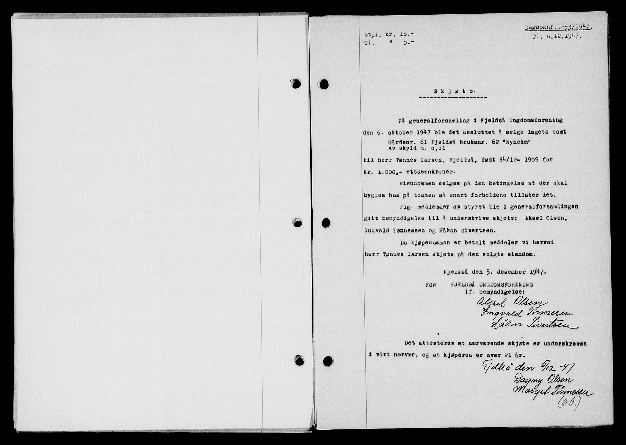 Flekkefjord sorenskriveri, SAK/1221-0001/G/Gb/Gba/L0063: Mortgage book no. A-11, 1947-1948, Diary no: : 1253/1947