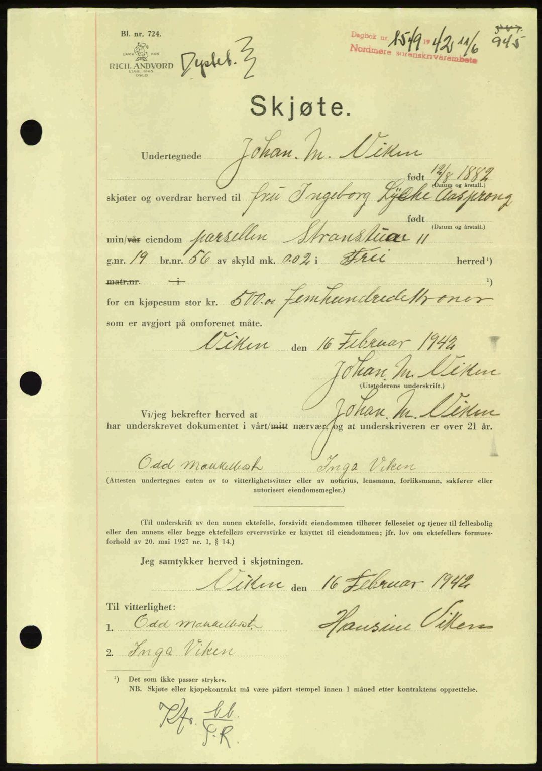 Nordmøre sorenskriveri, AV/SAT-A-4132/1/2/2Ca: Mortgage book no. A92, 1942-1942, Diary no: : 1549/1942