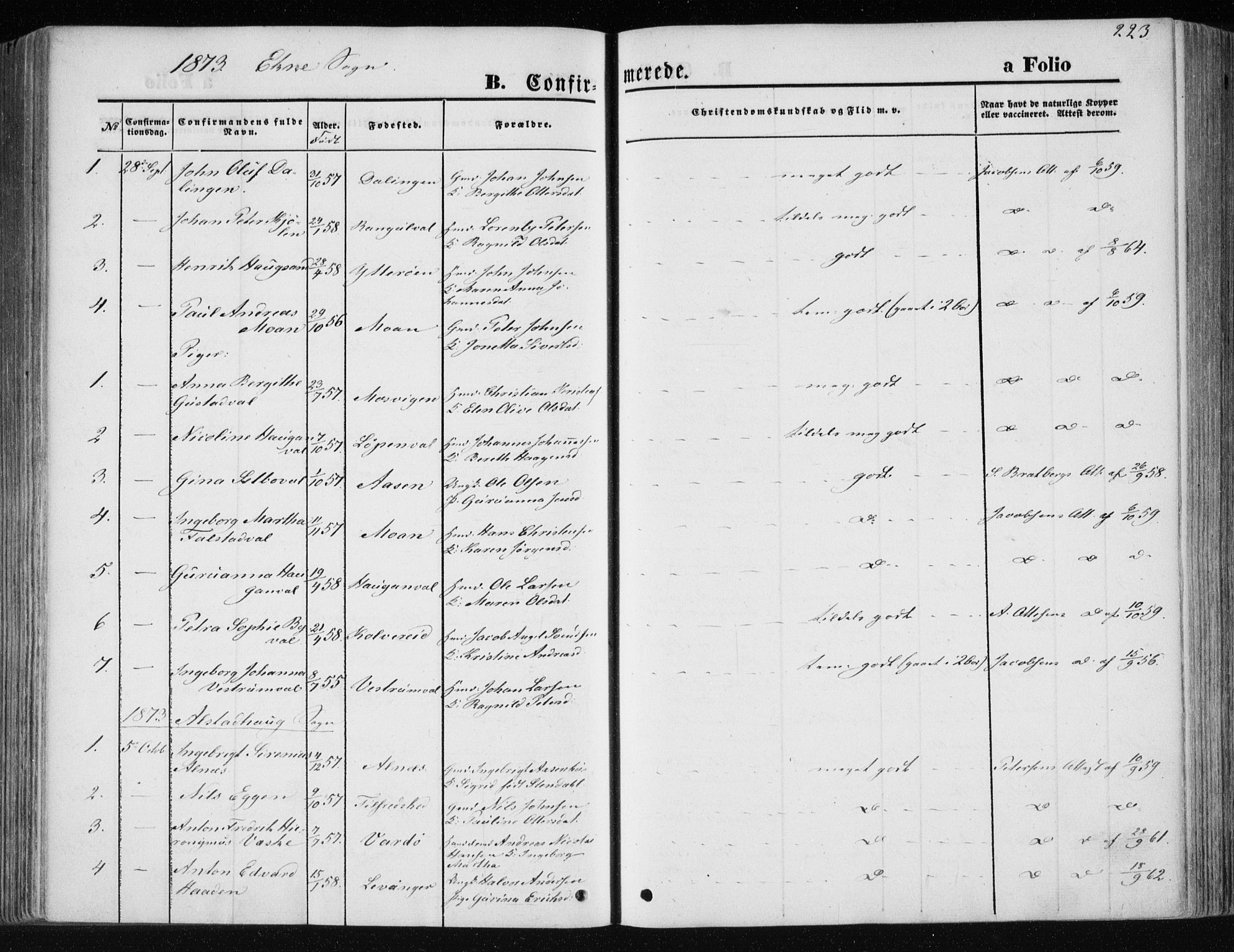 Ministerialprotokoller, klokkerbøker og fødselsregistre - Nord-Trøndelag, SAT/A-1458/717/L0157: Parish register (official) no. 717A08 /1, 1863-1877, p. 223