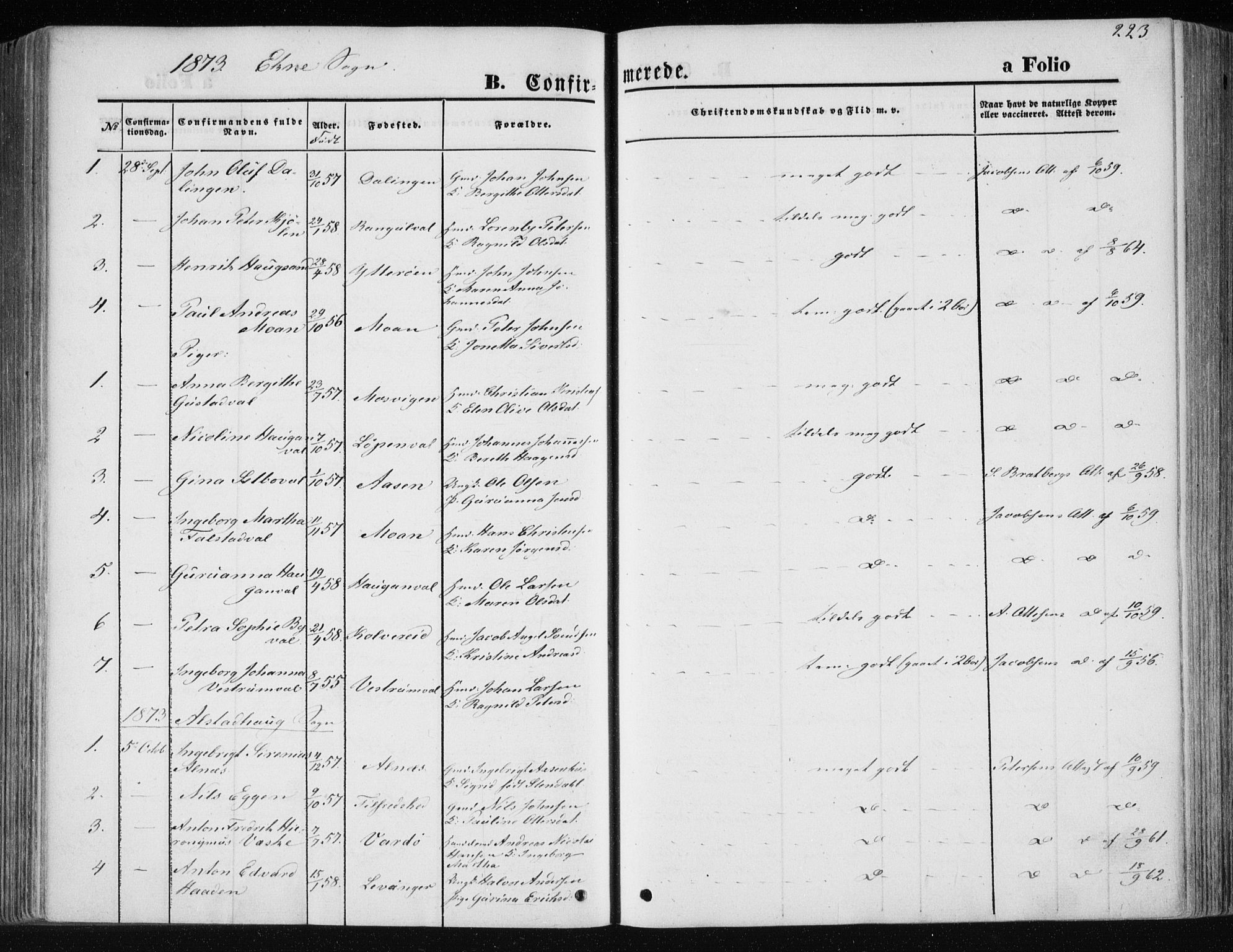 Ministerialprotokoller, klokkerbøker og fødselsregistre - Nord-Trøndelag, AV/SAT-A-1458/717/L0157: Parish register (official) no. 717A08 /1, 1863-1877, p. 223