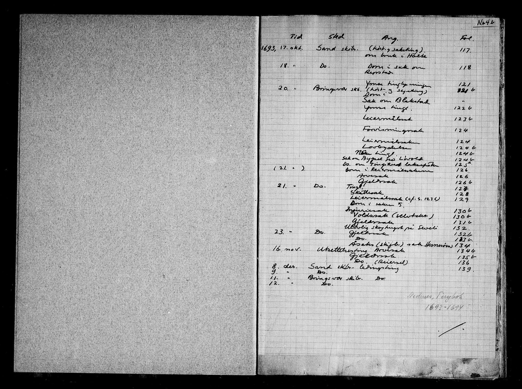 Nedenes sorenskriveri før 1824, SAK/1221-0007/F/Fa/L0008: Tingbok med register nr 4b, 1693-1694