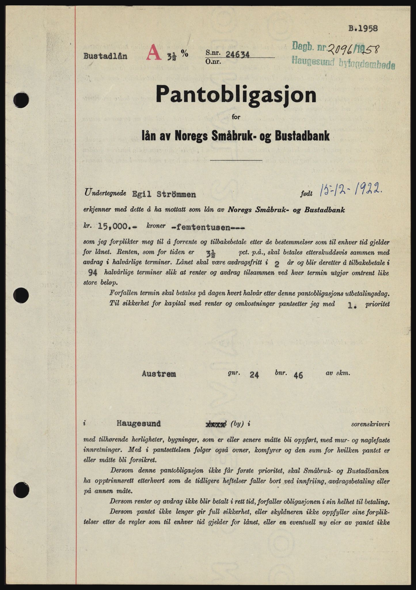 Haugesund tingrett, SAST/A-101415/01/II/IIC/L0044: Mortgage book no. B 44, 1958-1959, Diary no: : 2096/1958