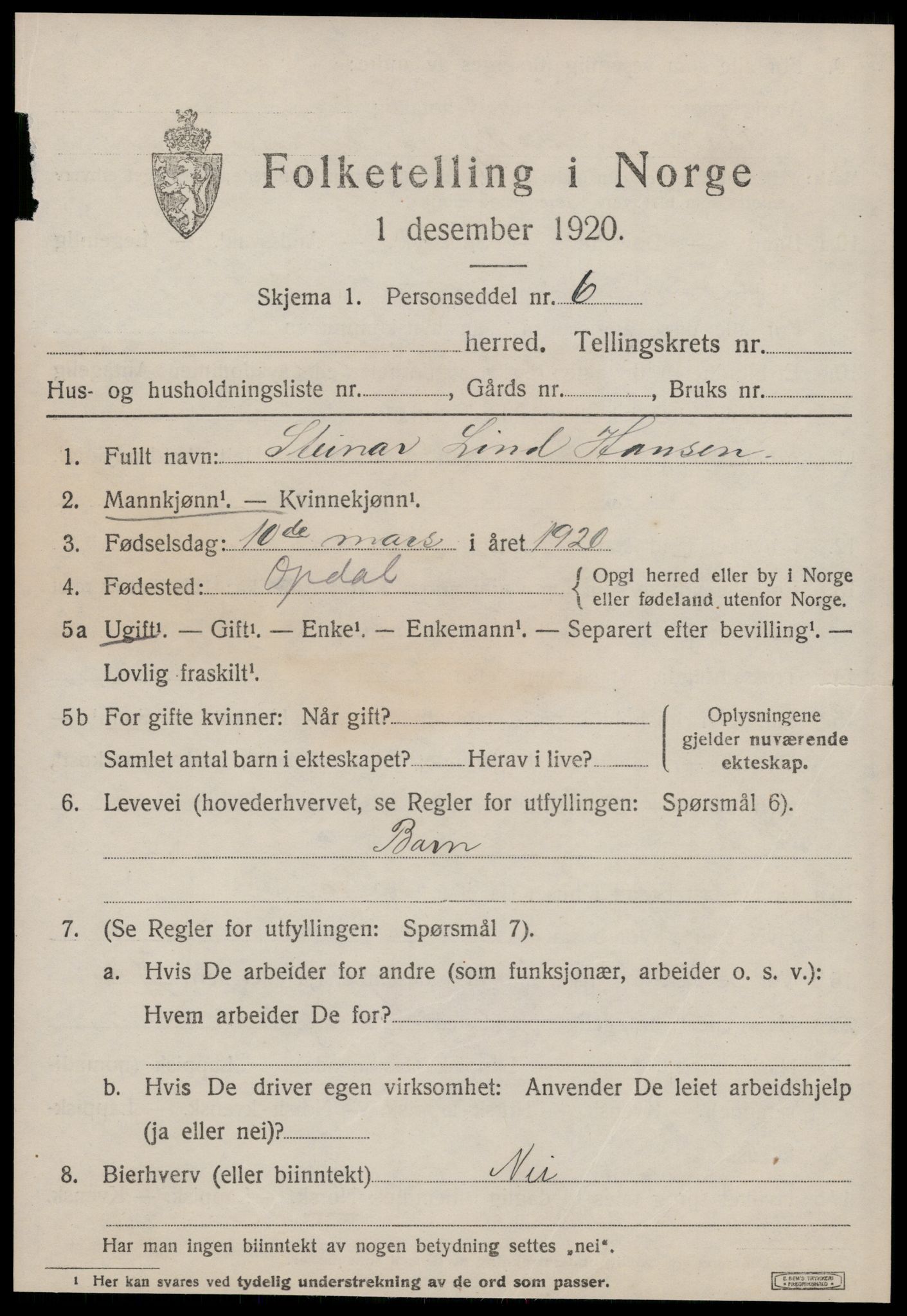 SAT, 1920 census for Oppdal, 1920, p. 5317