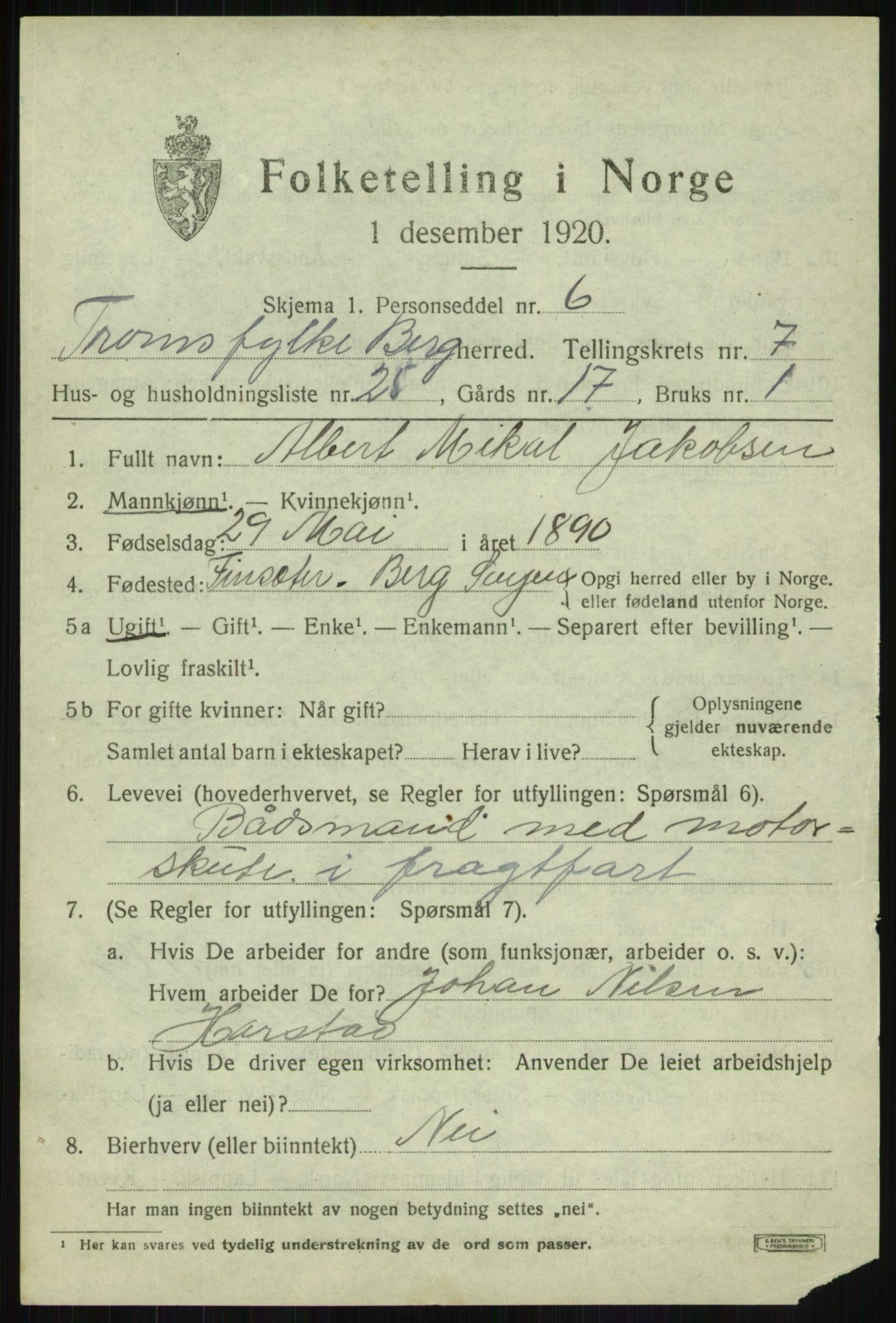 SATØ, 1920 census for Berg, 1920, p. 2740