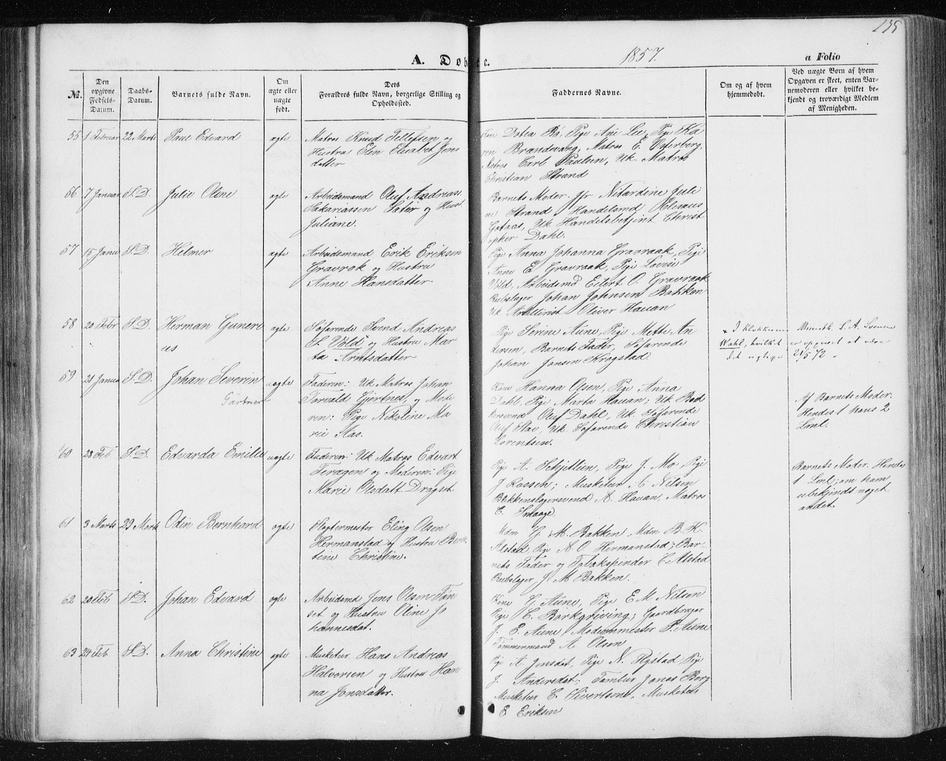 Ministerialprotokoller, klokkerbøker og fødselsregistre - Sør-Trøndelag, AV/SAT-A-1456/602/L0112: Parish register (official) no. 602A10, 1848-1859, p. 135