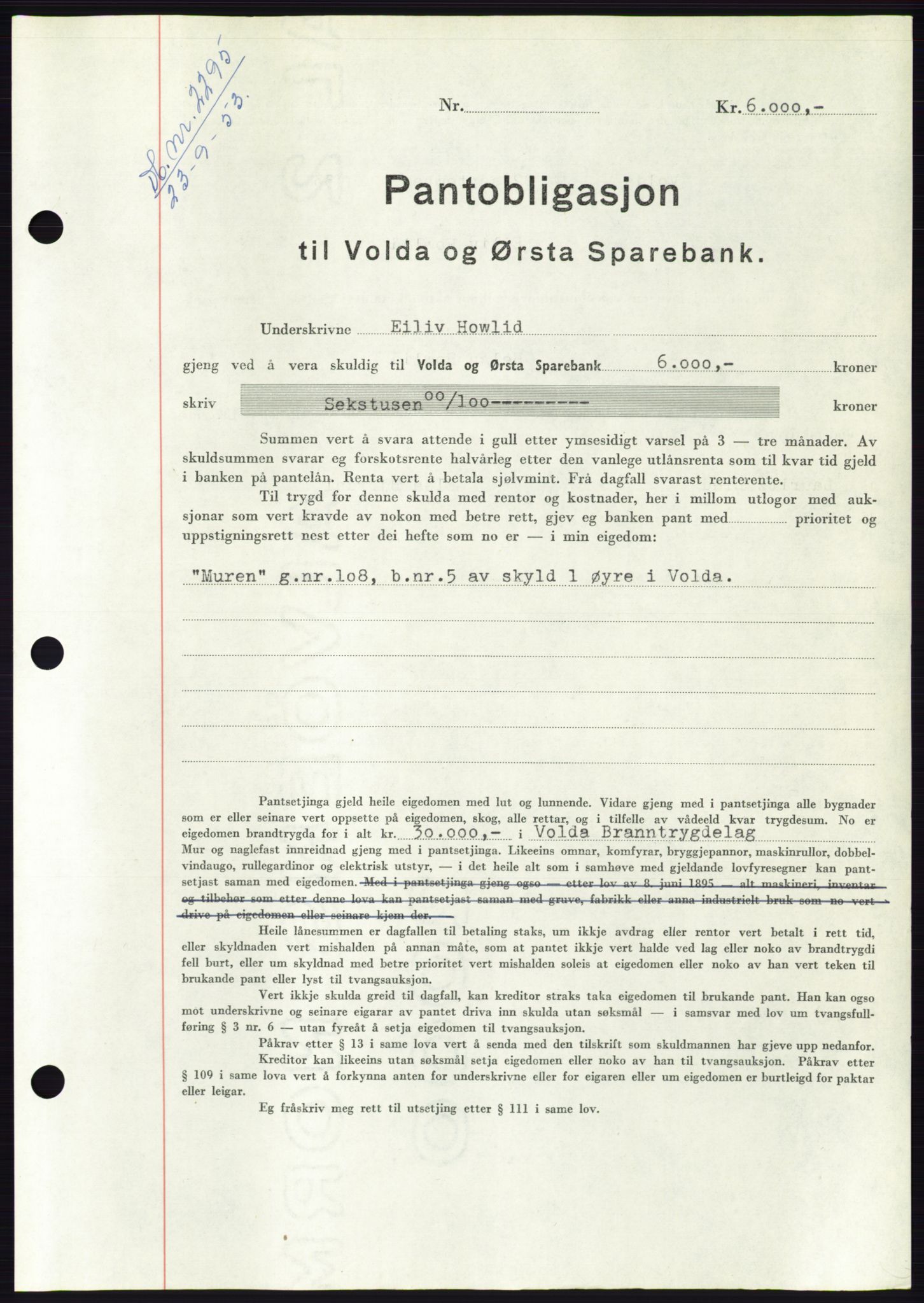 Søre Sunnmøre sorenskriveri, AV/SAT-A-4122/1/2/2C/L0124: Mortgage book no. 12B, 1953-1954, Diary no: : 2295/1953